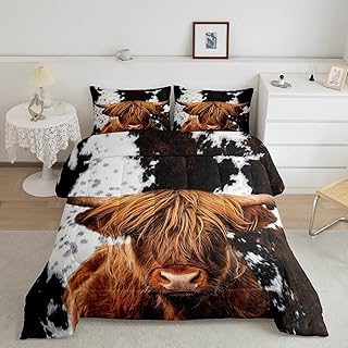 Cow Skin Texture Kids Comforter Set Full Size,Highland Cow Fur Farmhouse Bedding Set,Girls Boys Adults Home/Guest Room Decor,Rustic Vintage Down Comforter,Brown Grey Duvet Insert,3pcs,2 Pillowcases