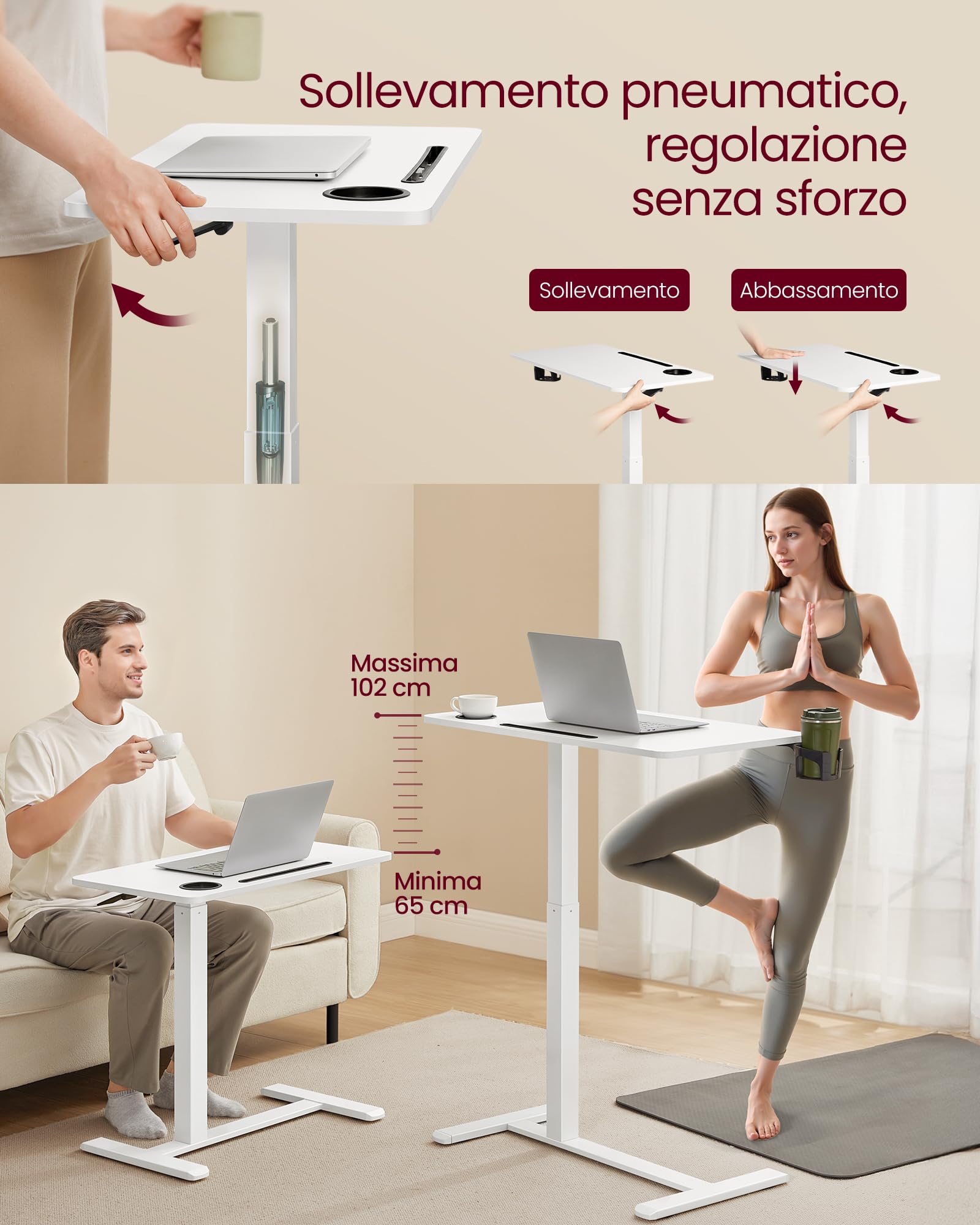 VASAGLE Scrivania con Ruote, Tavolino con Rotelle, Piano 70 x 40 cm, Regolabile in Altezza, 2 Portabicchieri, Slot per Cellulare o Tablet, Bianco Nuvola LSD600W01
