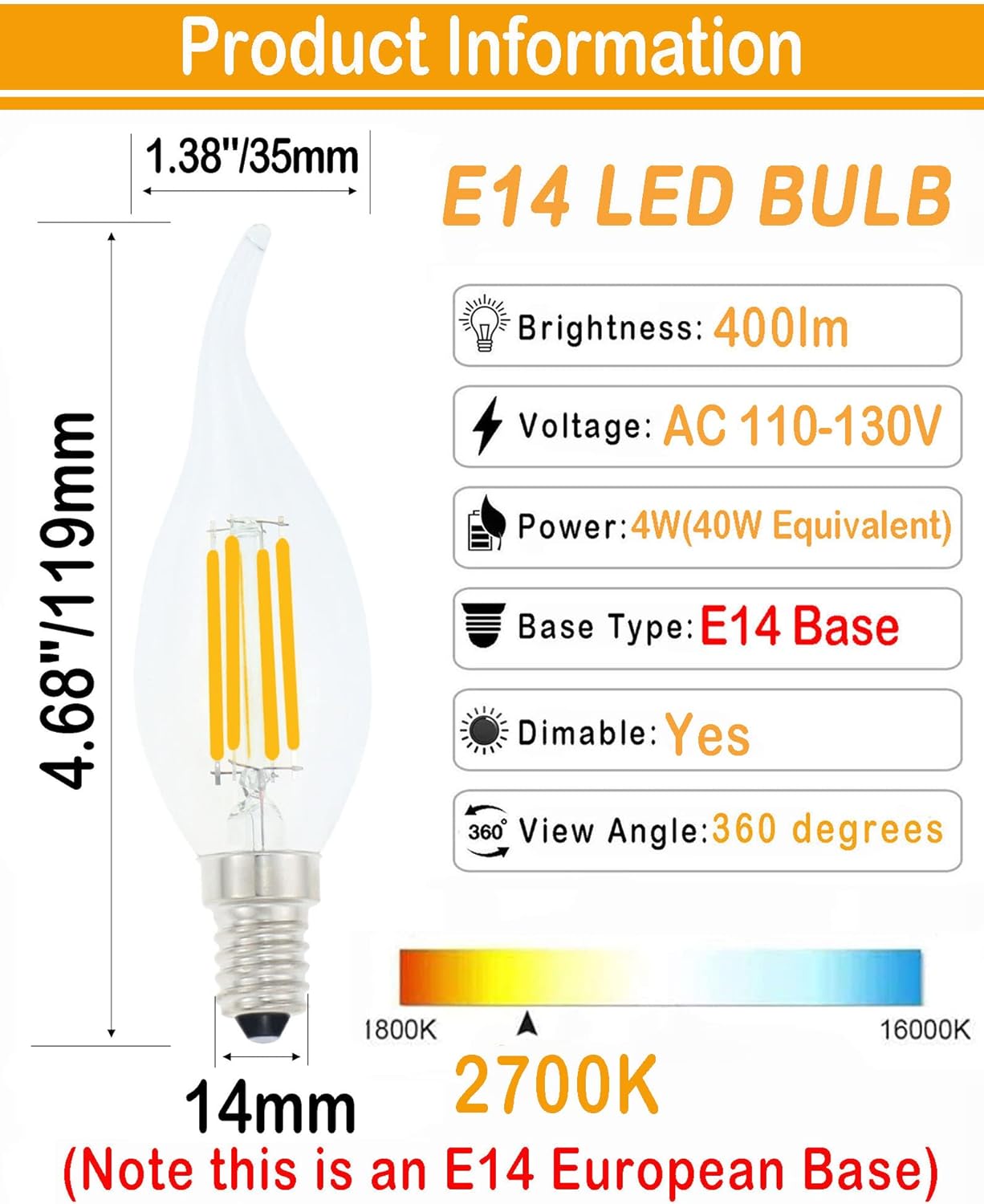 E14 LED Bulb European Base 4W Dimmable 40W Equivalent, Flame Tip Candelabra LED Bulbs, 110V 2700K Warm White 12-Pack