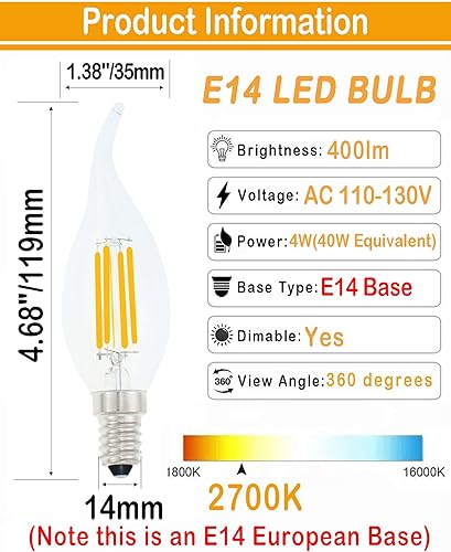Miniatura 10 de Lamsky Bombilla LED E14 con base europea de 4 W, bombillas LED regulables equivalentes a 40 W, bombillas LED con punta de llama, 110 V, 4000 K,