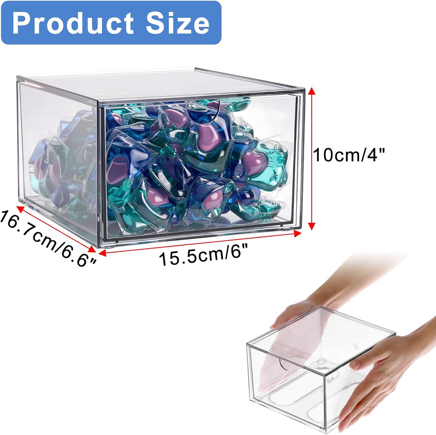 Sumnacon 1 Pack Laundry Pods Container, Clear Stackable Storage Box with Drawer, Plastic Dishwasher Pods Holder, Laundry Room Organization for Dryer Balls, Clothes Pins and Other Laundry Accessories