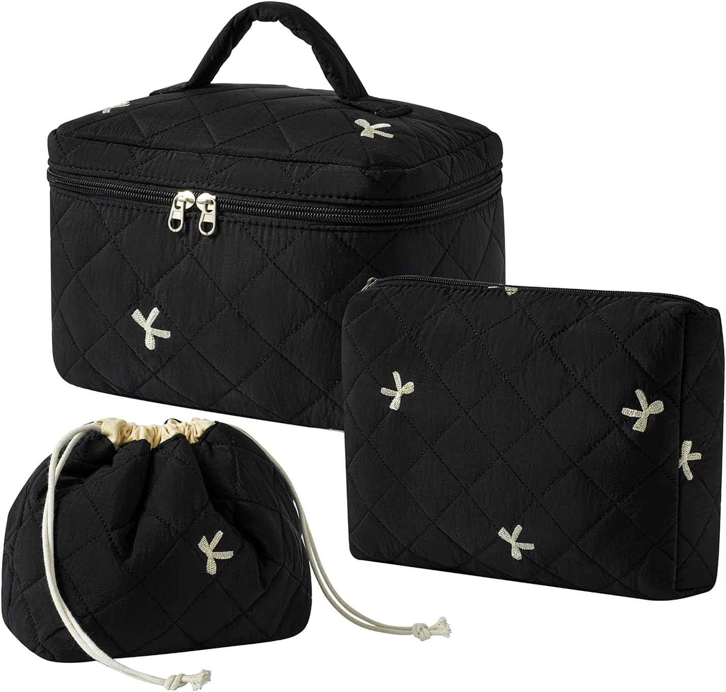 RSRSLEII 3Pcs Aesthetic Cotton Quilted Drawstring Makeup Bag Set, Aesthetic Cute Bow Makeup Pouch for Girls and Women, Aesthetic Travel Organized Cosmetic Bags for Purse(05Black Bow)