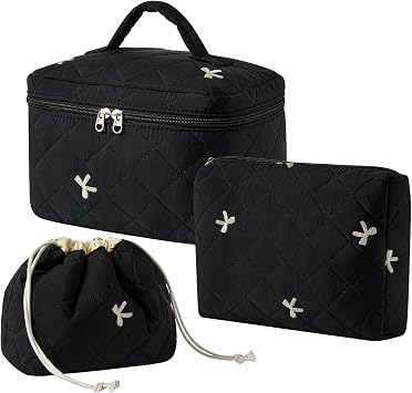 RSRSLEII 3Pcs Aesthetic Cotton Quilted Drawstring Makeup Bag Set, Aesthetic Cute Bow Makeup Pouch for Girls and Women, Aesthetic Travel Organized Cosmetic Bags for Purse05Black Bow