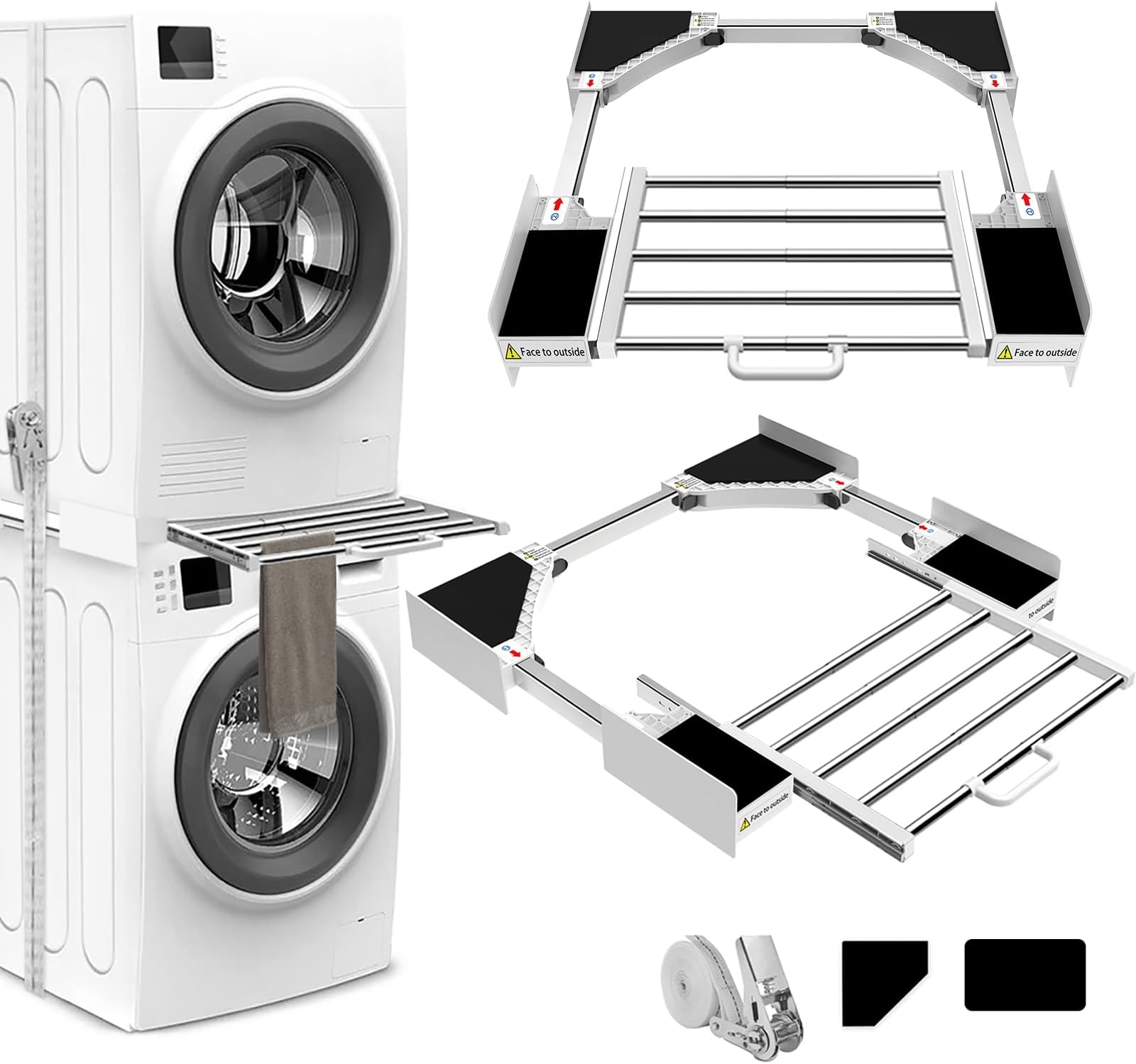 HHXRISE Washer Dryer Stacking Kit, Universal Stacking Kit for Washer and Dryer with Pull-Out Sliding Shelf, Adjustable Stackable Kit for 21 - 29 inches Front Load Laundry with Ratchet Strap