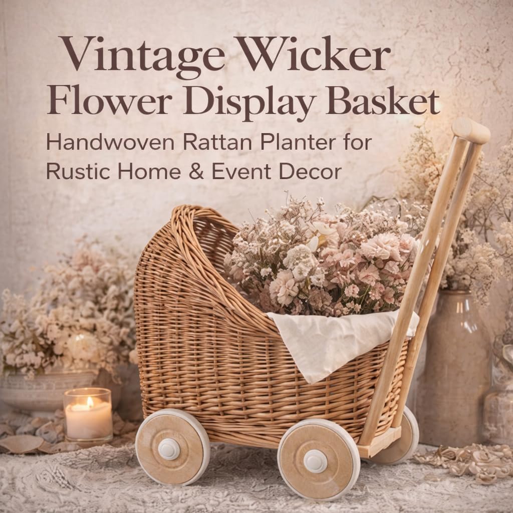 Vintage Wicker Flower Display Basket with Wheels – Handwoven Rattan Decor Cart for New Event Celebration, Wedding & Nursery Styling