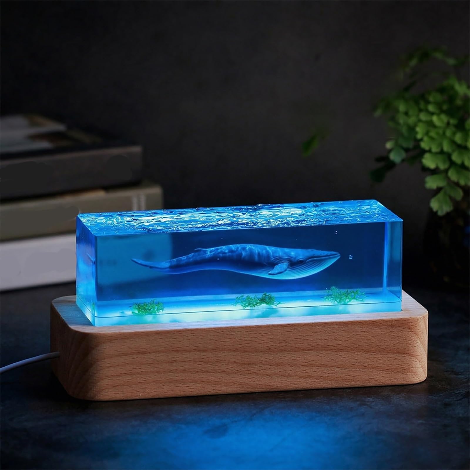 Lampada Mare in Resina con Base Legno, Luce Notturna LED USB Blu