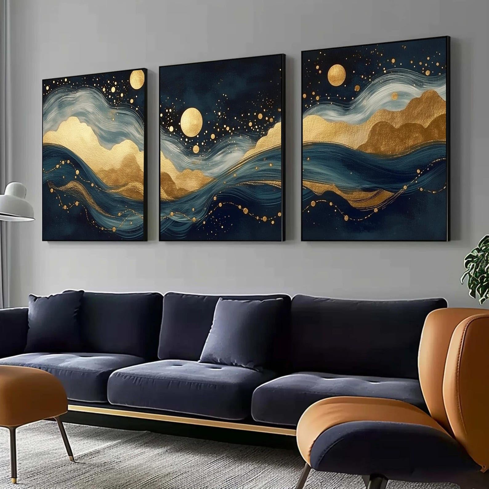 Triptyque abstrait sur toile de haute qualité avec feuille d'or paysage marin - 8