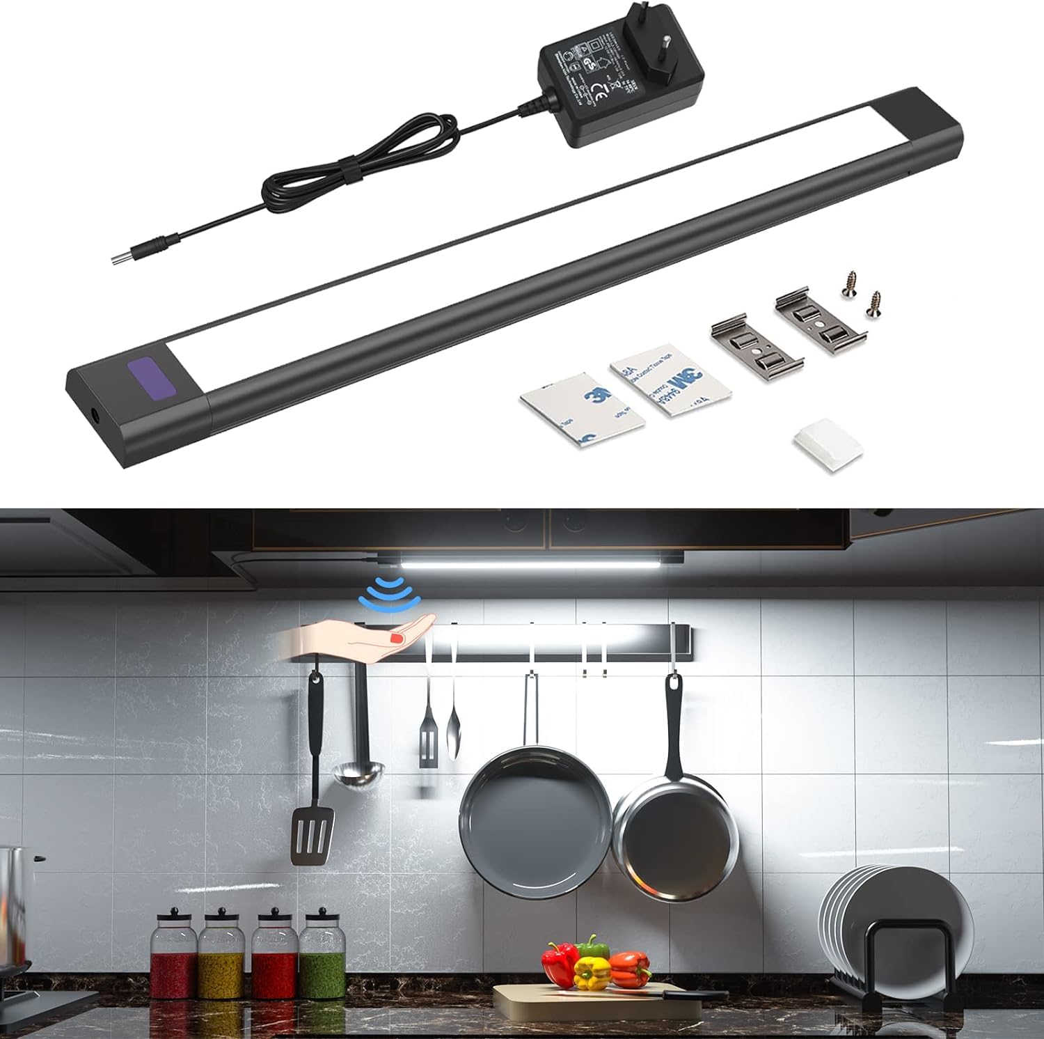 WOBANE Luce Led Sottopensile Cucina, 3x30cm Lampada per cucina Dimmerabile con Sensore Senza Contatto, Strisce Led Cucina Sottopensile con Presa per Sotto Mensola,Scaffali,Armadio, Bianco Caldo 2700K