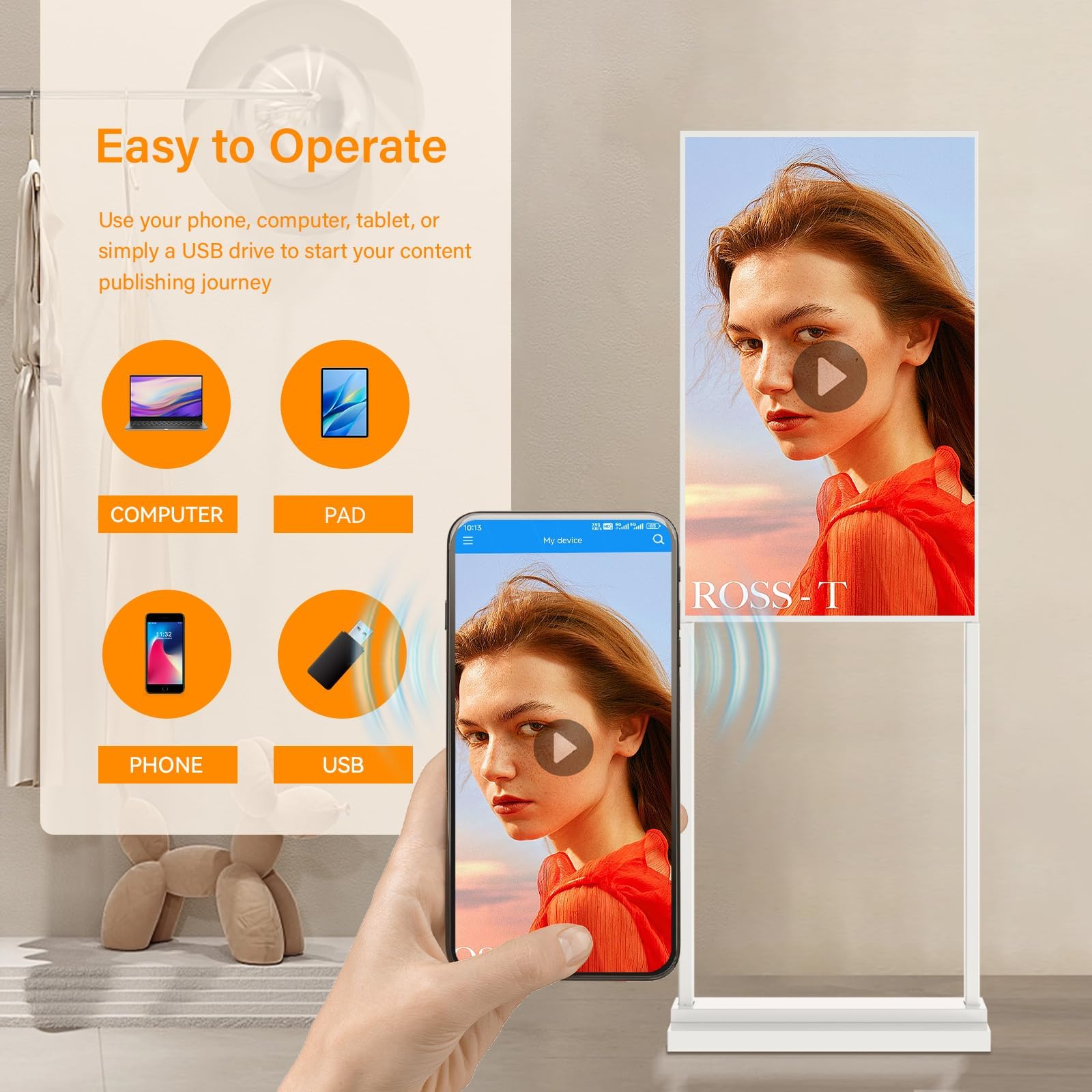 Digital Signage Display 43 Zoll, Tragbar Werbedisplay Digital, Digitaler Kundenstopper 4K LCD, Geeignet für Einzelhandelsgeschäft, Restaurant, Einkaufszentrum und Gewerbezentrum, Weiß