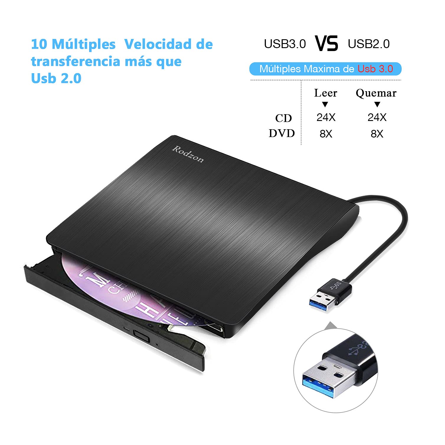 Rodzon Grabadora Externa USB 3.0, Unidades Portátil CD/DVD /-RW/ROM Estable con Lector/Quemador/Re - Quemador para Win 10/8 / 7 / XP/Vista/Linux/Mac OS