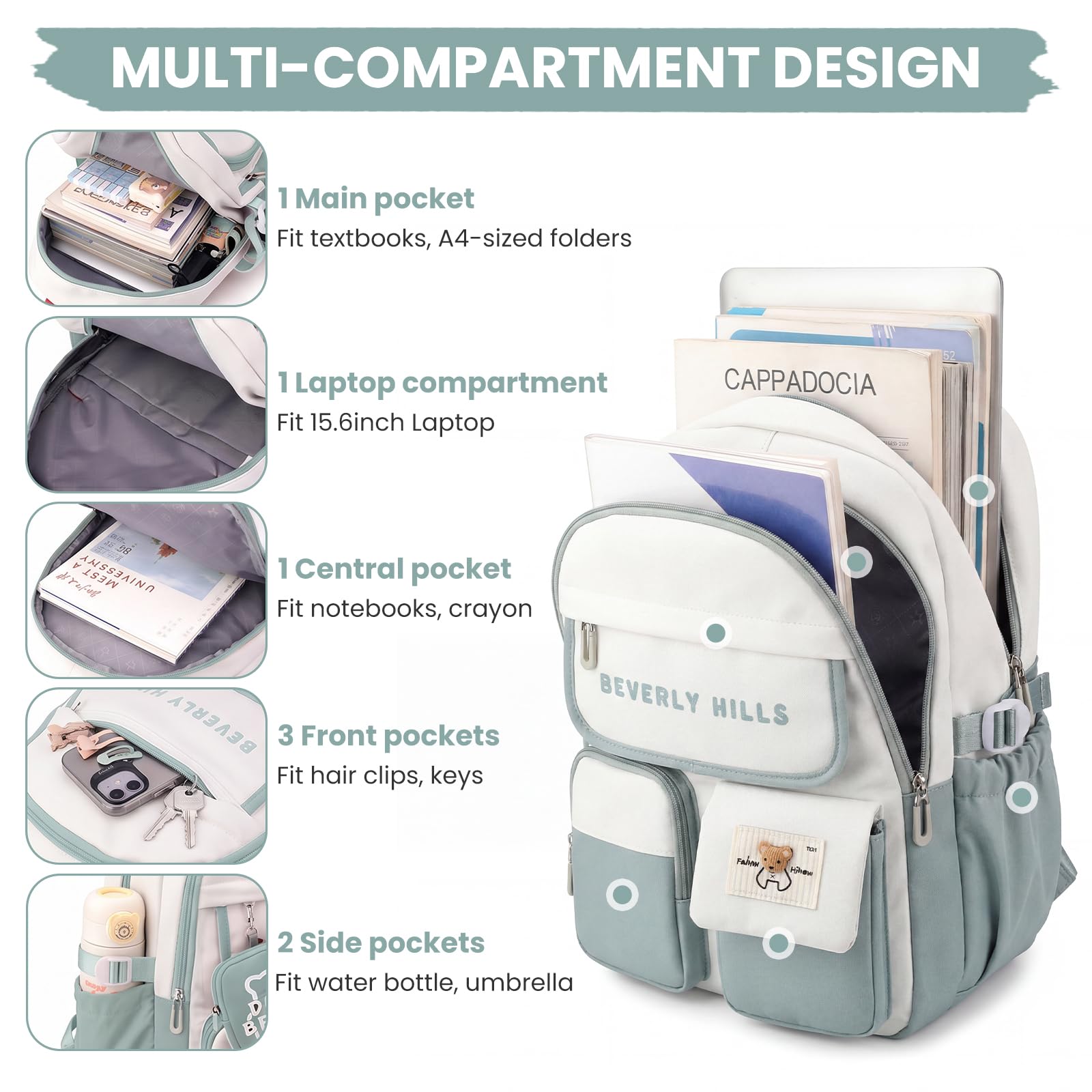 IvyH Mochila escolar con ruedas para adolescentes 2 en 1 con mochila desmontable y carrito con ruedas, mochila escolar con 6 ruedas para primaria y secundaria, verde, Mittelgroße, Clásico