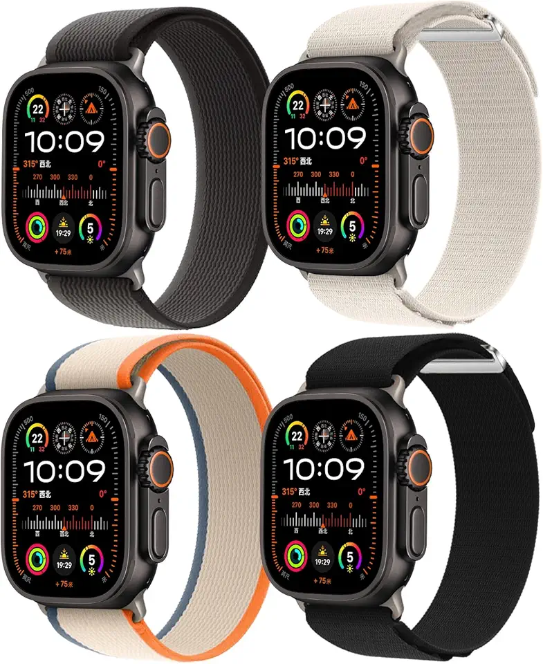 Pacote com 4 pulseiras de nylon compatíveis com Apple Watch Ultra 2/Ultra. Pulseiras masculinas de 49 mm, 46 mm, 45 mm e 44 mm, esportivas respiráveis para Apple Watch séries 10, 9, 8, 7, 6, SE, 5, 4,