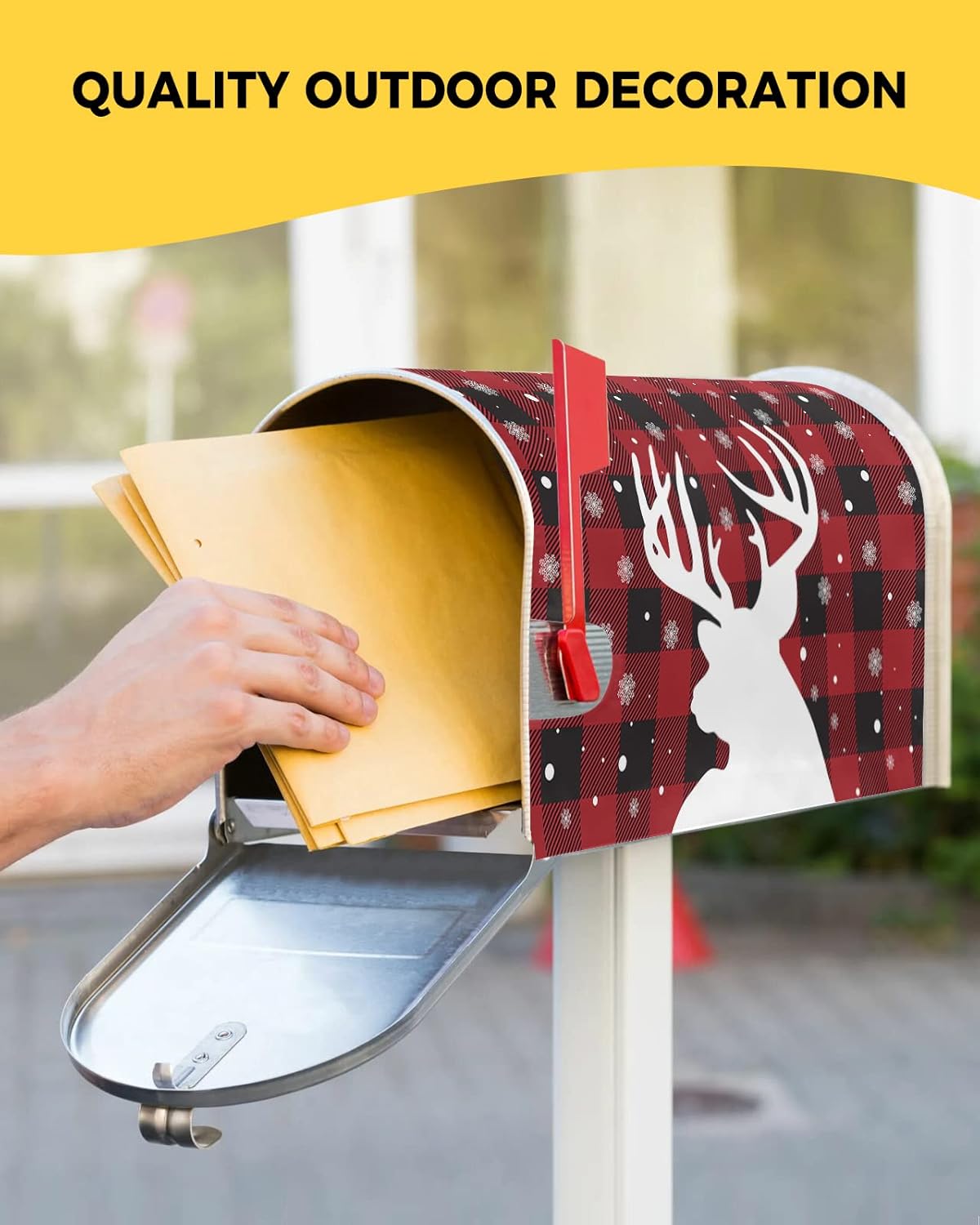 Mailbox Cover, Merry Christmas Buffalo Plaid Red and Black Elk Snowflake Mailbox Wrap Magnetic Mailbox Covers for Garden Yard Outdoor Decor,Farmhouse Mailbox Post Box Cover Wraps Standard Size 18"x21"