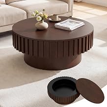 GIANTEX Round Coffee Table with Storage, Drum Fluted Center Table, Brown