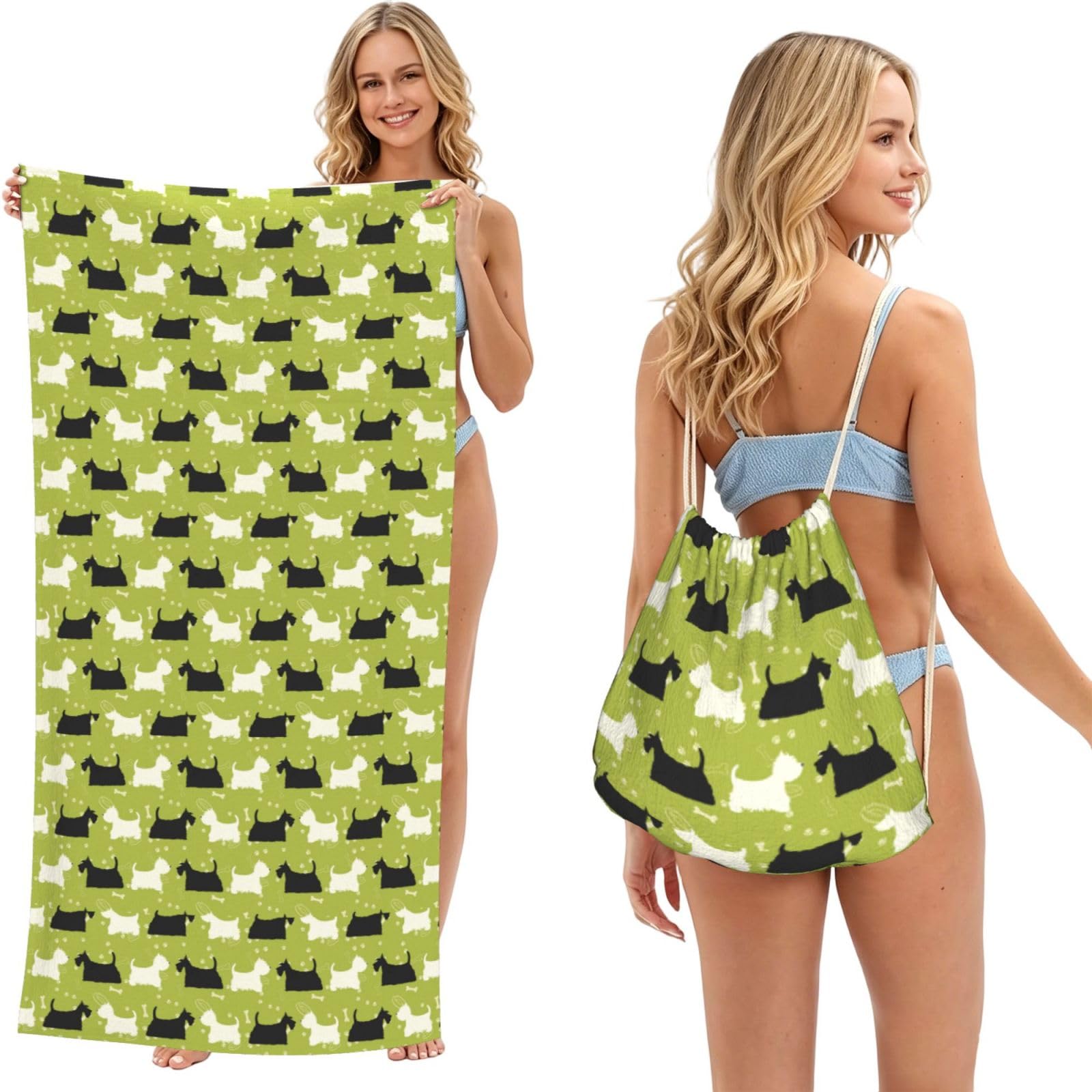 Poadnly As Picture Hund Silhouette Scottie Westie Tier, 2 In 1 Packable Towel Bag, Beach Towels With Drawstring Backpack For Travel Holiday Camping