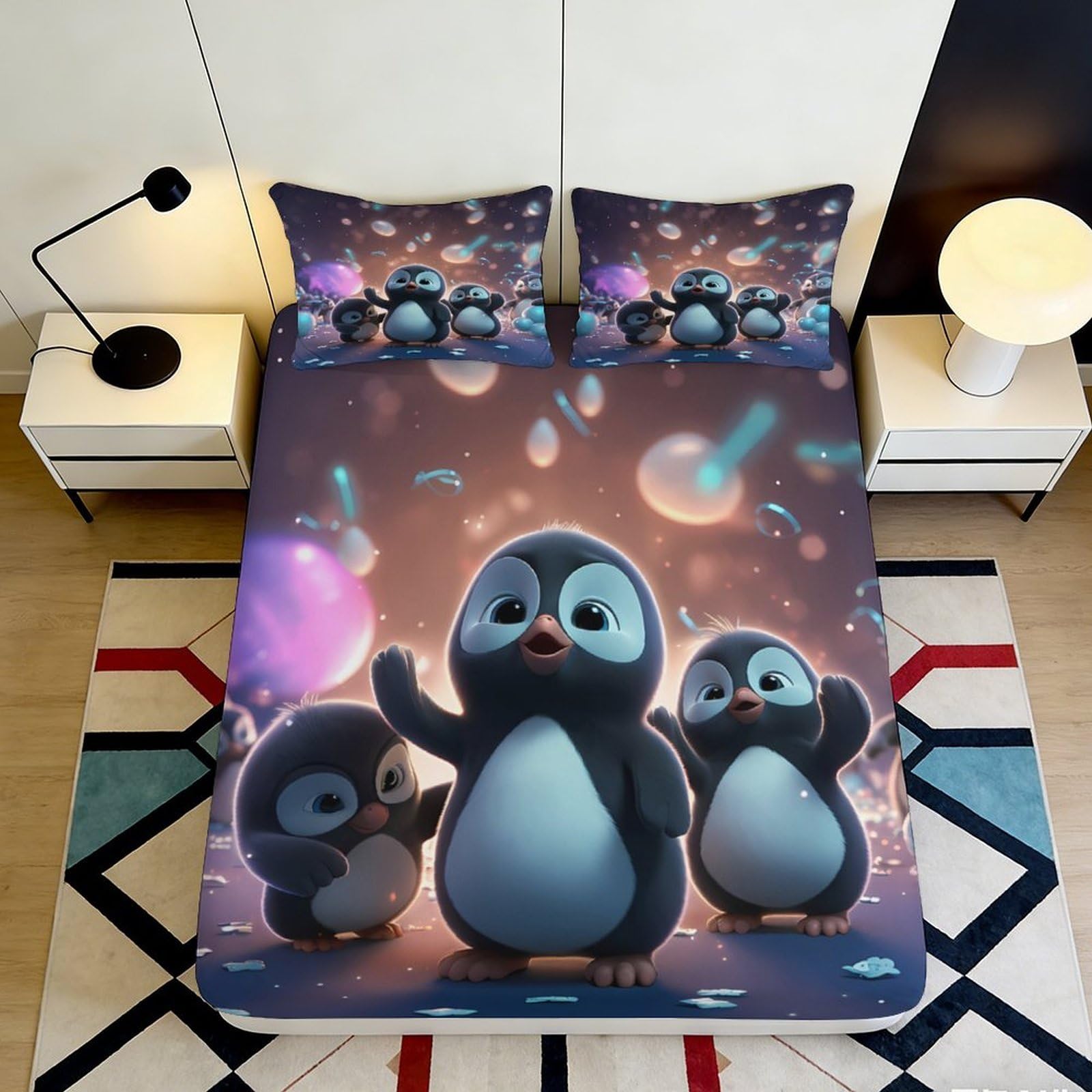 3D Printed Cute Penguin Fitted Sheet Microfiber Deep Pocket Bedroom Bedding Penguin Mattress Fitted Cover Elastic Hem Non-Slip for Adults Teens 200x200x25cm 90x200x25cm
