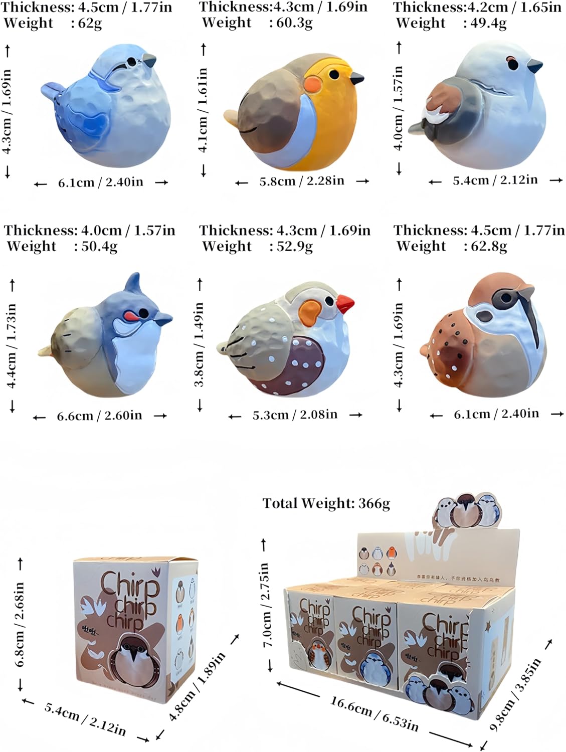 mini Decorative Ornaments - Little Bird Garden Gifts Set of 6 Resin Birds for Home, Coffee Table, Beach Gifts for Women, Includes White Bird and Garden Statue