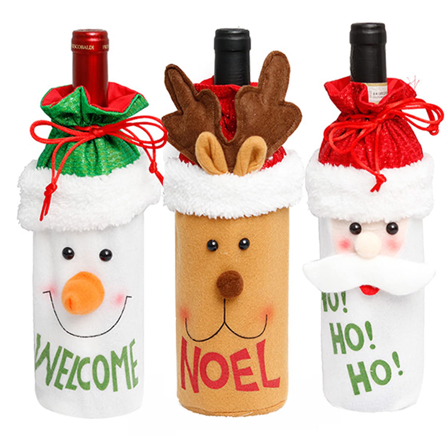 MTGHYARE 3 Pcs Christmas Wine Bottle Bags with Drawstring Reusable Xmas Bottle Gift Covers Xmas Santa Reindeer Snowman Wine Bottles Covers Gift Bags for Christmas Party Dining Table Decorations