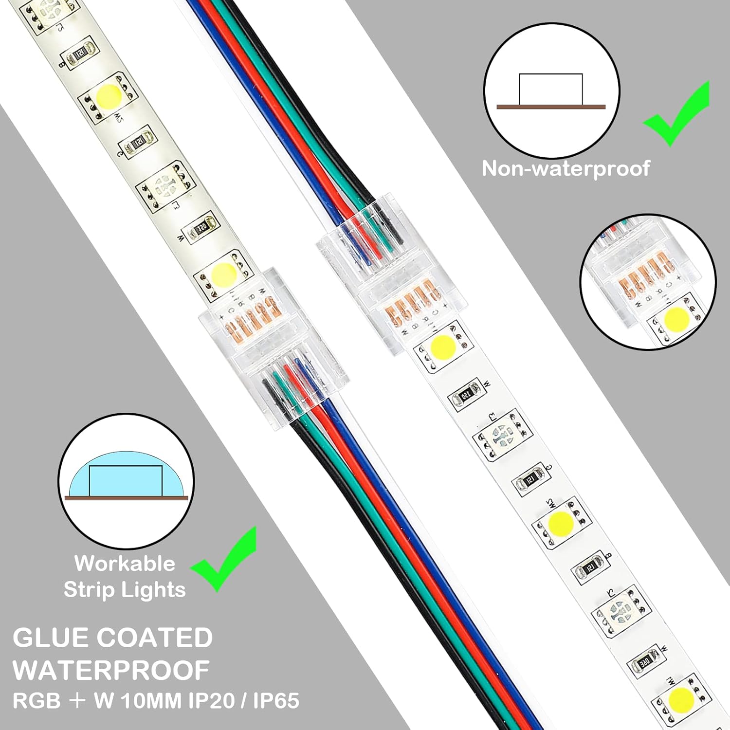 Zhengmy 10 Pack 5 Pin RGBW LED Strip Connector Kit 10 mm Solderless LED Light Connector Waterproof Transparent Track Lighting Connectors Include 16.4 Feet Light Strip Extension Cable with Screwdriver