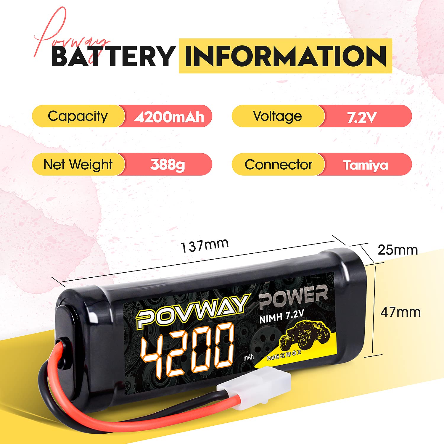 Batteria RC Ni-MH Batteria RC 7.2V 3000mAh Sub-C - Con Spina Tamiya - Per Auto Radiocomandate - Ricaricabile NI-MH Tamiya Stucco - Foto 8