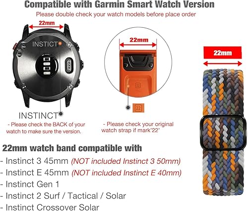 Miniatura 10 de Abanen Correa de reloj elástica Solo Loop de 0.876 pulgadas para Garmin Instinct 2 SolarInstinct 3 de 1.772 pulgadas, correa trenzada ajustable