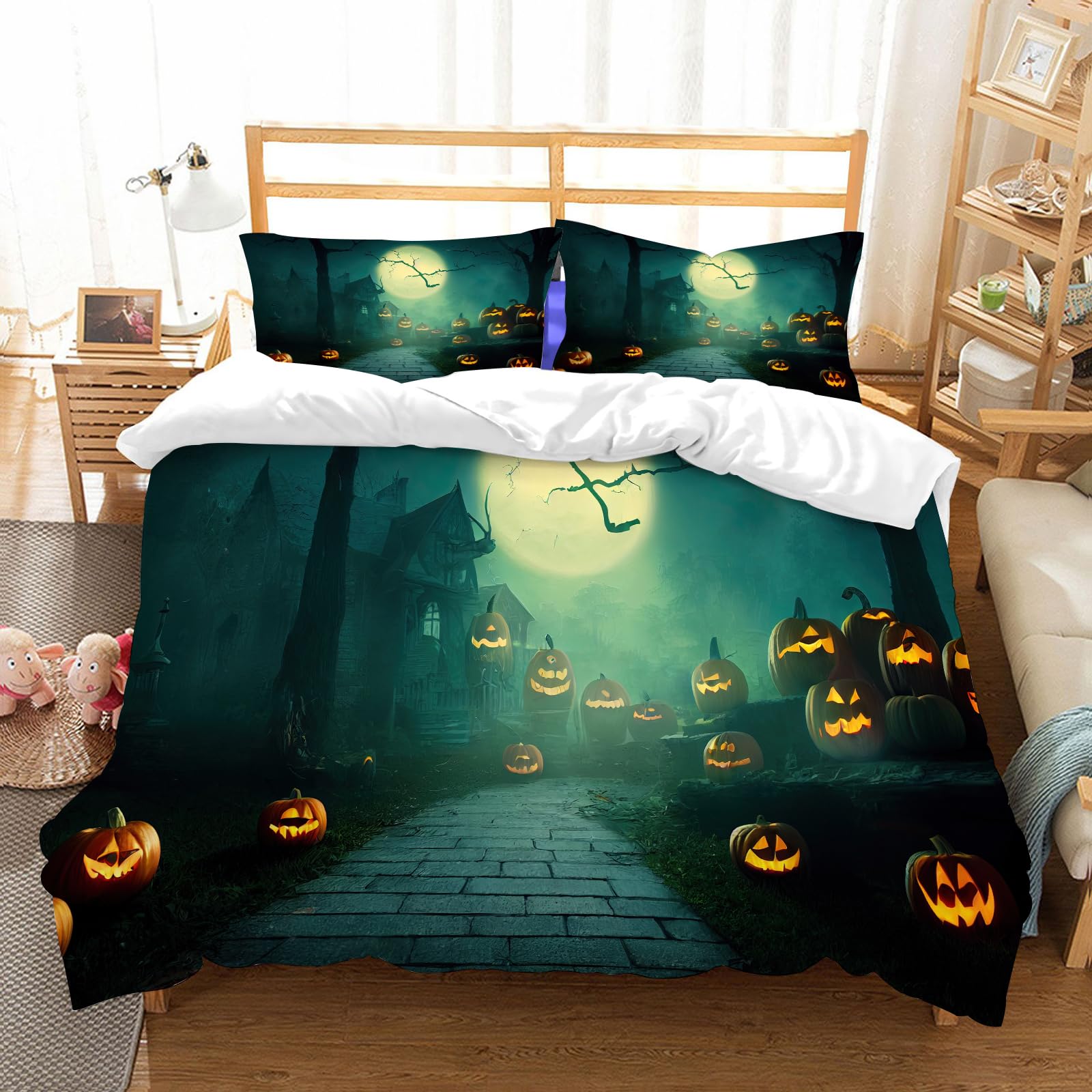 Linge de lit citrouilles Jack-o'-Lanterns pour décoration de chambre Halloween