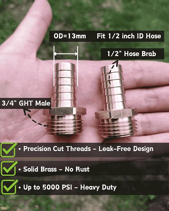 1/2 Barb to 3/4 Male GHT Brass Garden Hose Adapter, 1/2 Inch Hose Barb to 3/4 Male Garden Hose Fitting Connector