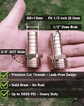 1/2 Barb to 3/4 Male GHT Brass Garden Hose Adapter, 1/2 Inch Hose Barb to 3/4 Male Garden Hose Fitting Connector