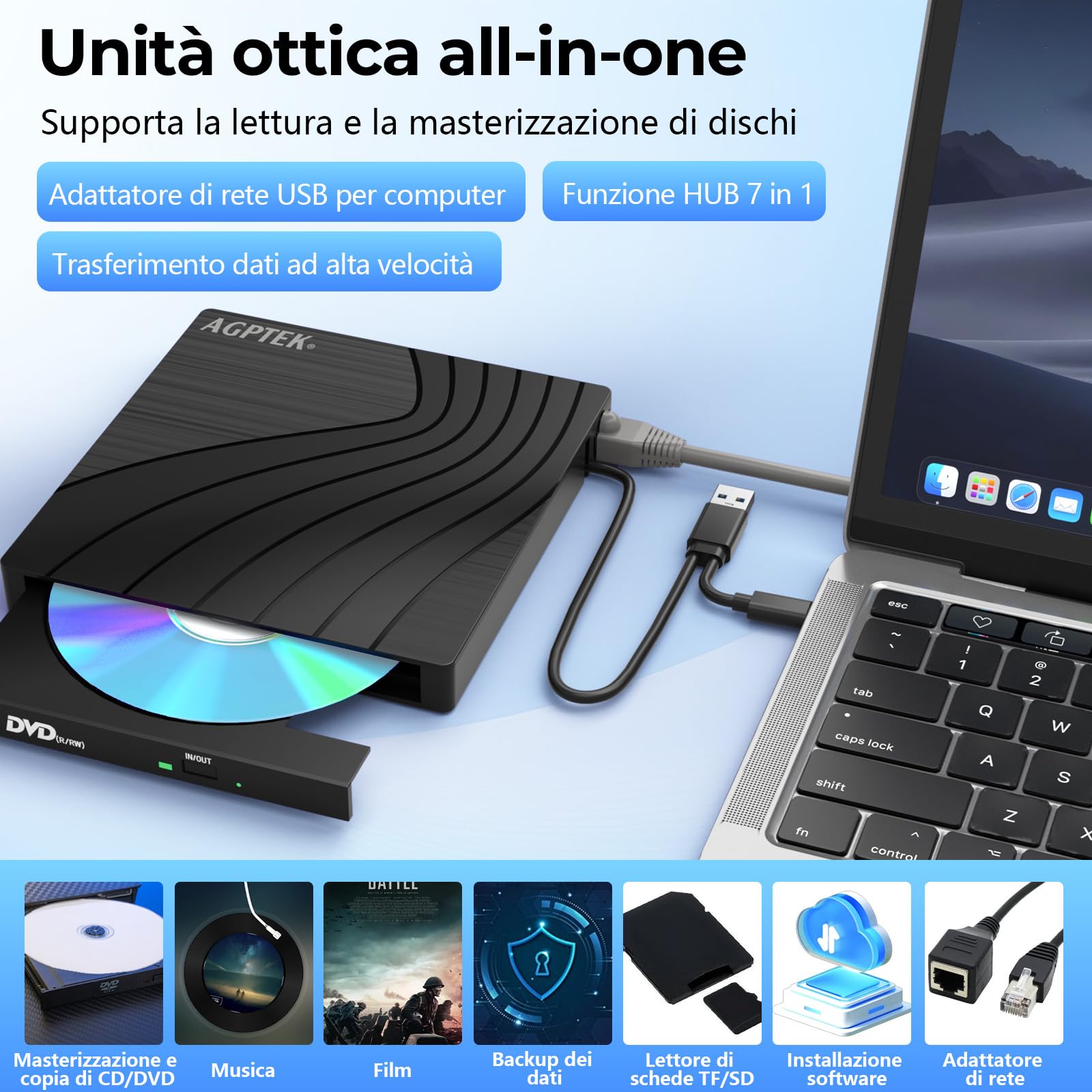 AGPTEK Unità CD/DVD esterna per laptop, lettore/scrittore CD/DVD per laptop, masterizzatore DVD sottile USB 3.0 con adattatore porte USB e slot per schede TF/SD, PC, MacBook, Windows, Linux, Mac OS