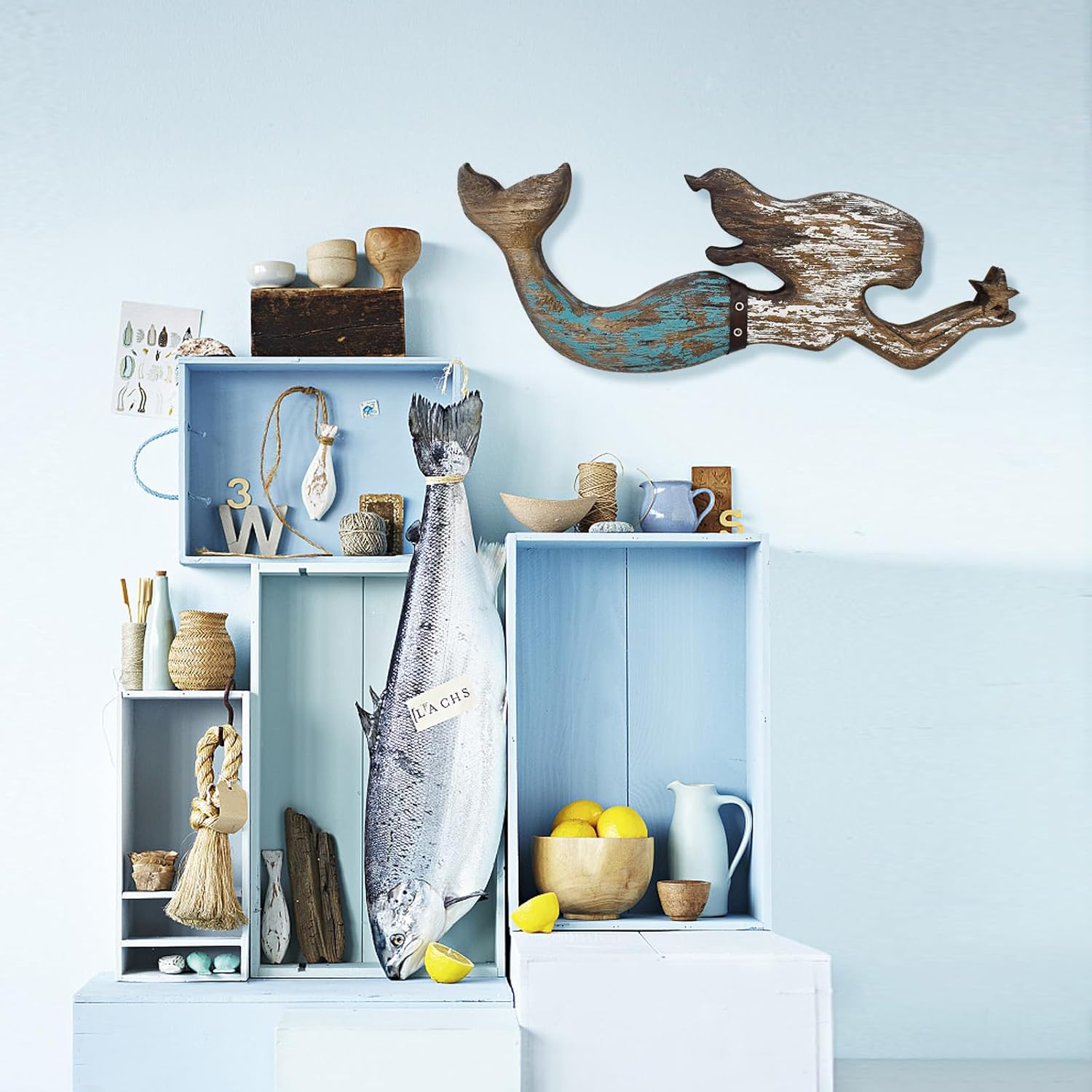 K KILIPES Wooden Mermaid Beach Wall Decor Hanging Plaque Sign Nautical Ocean Themed Swimming Mermaid Sculpture Marine Decor for Women Mum Grandma