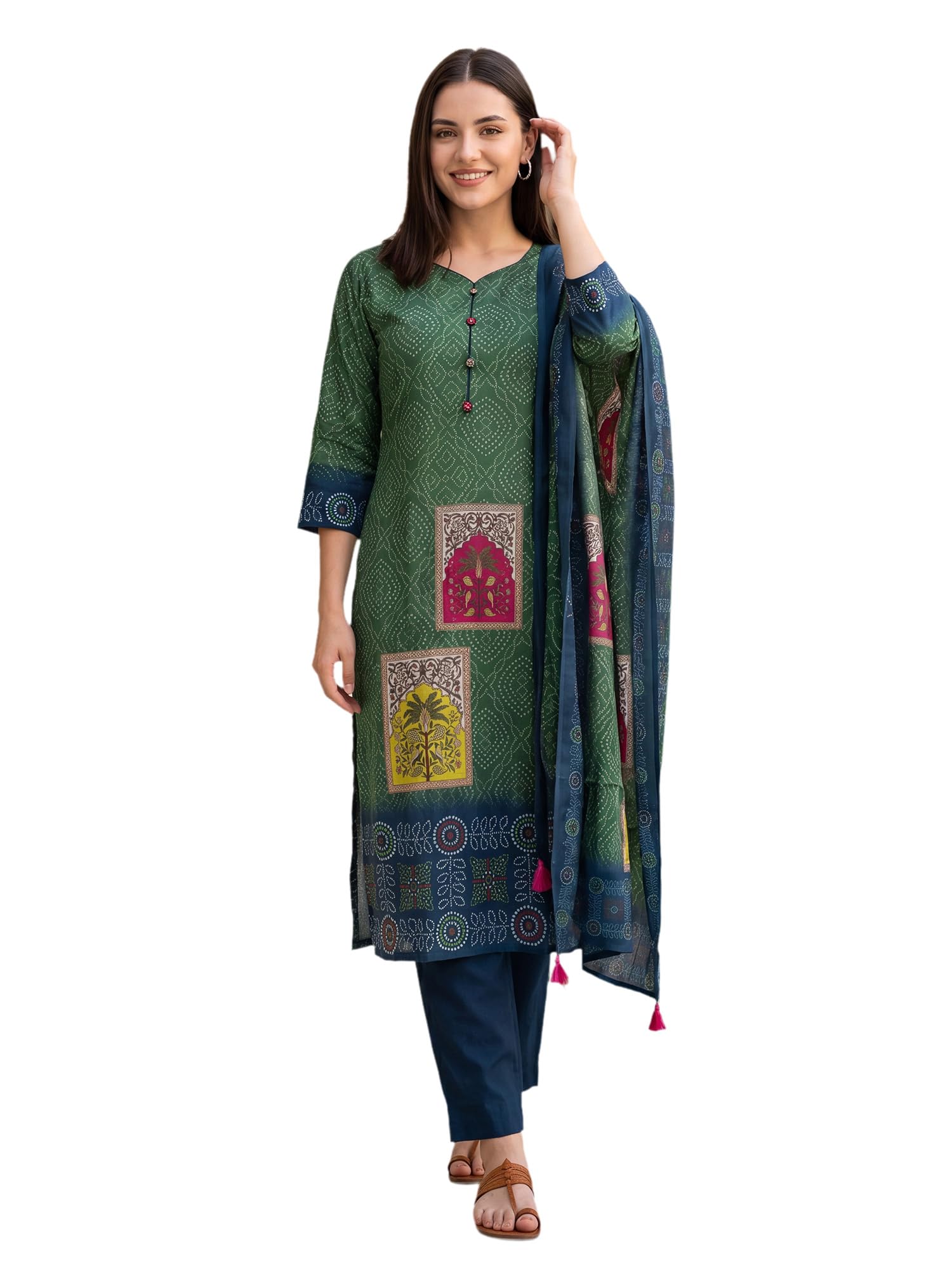 Women's Silk Blend Bandhani Printed Kurta & Pant with Dupatta Set | Women Kurta Sets With Dupatta-image-16