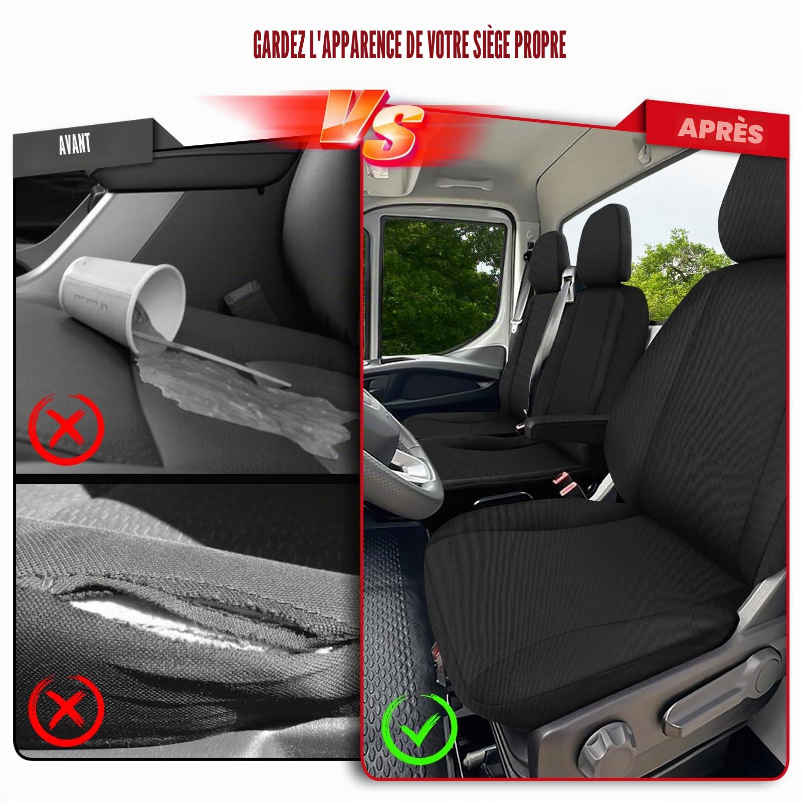Housse de Siege Voiture, pour Iveco Daily VI 2014-2025 -2+1- Première rangée Housse Voiture Siege Avant, Ensemble de Housses Siège Auto, Noir