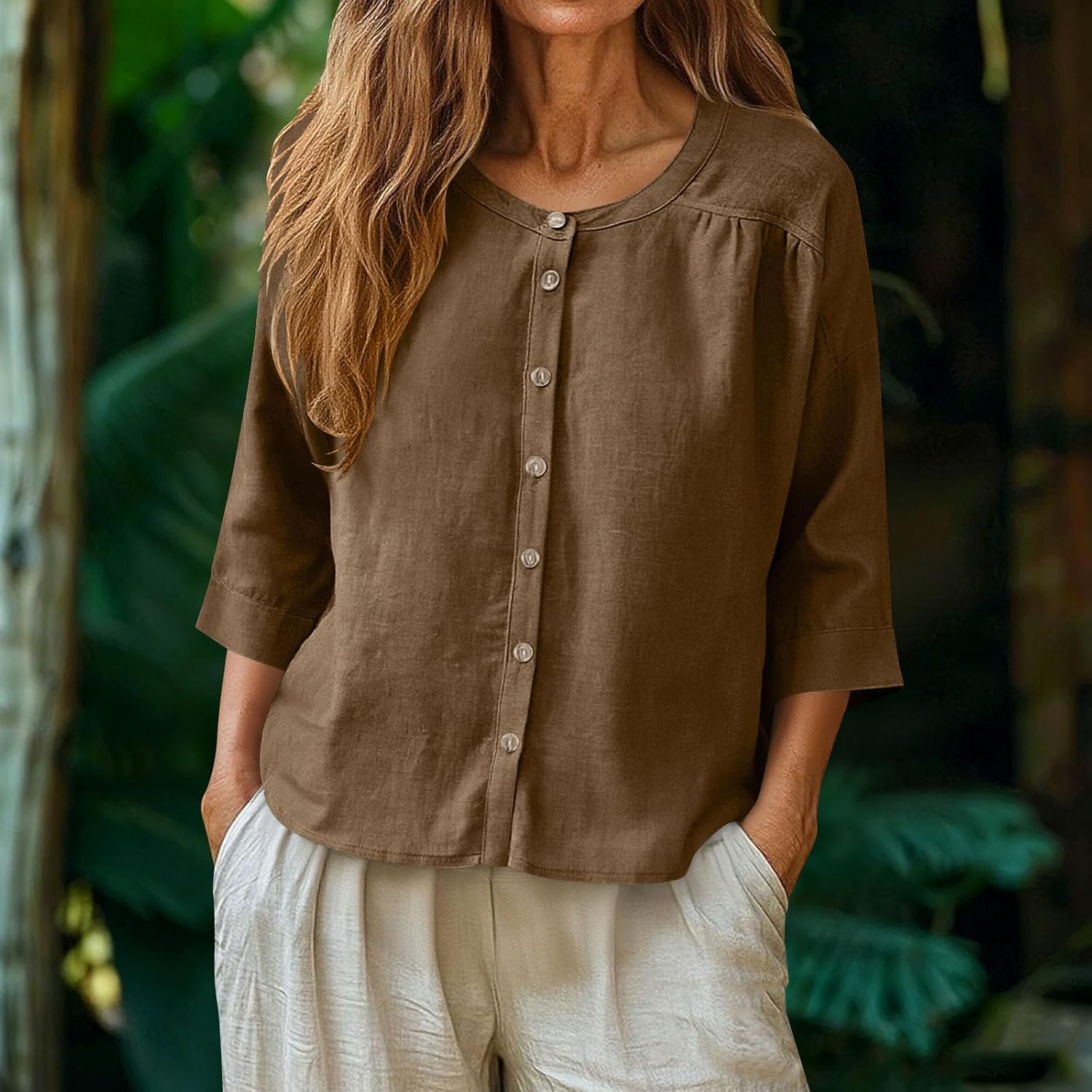 Women Cotton Linen Button Down Tops Casual 3/4 Sleeve Shirt Blouse Crew Neck Summer Comfy Loose Fit T Shirts