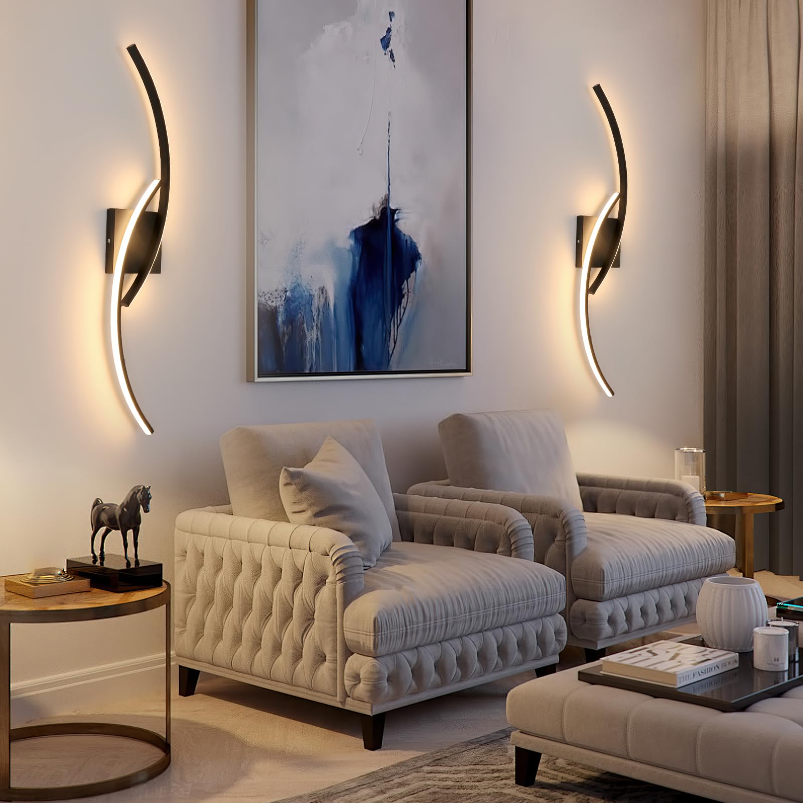 Comely Applique Murale Interieur, Moderne 80cm 27W Noir Lampe Murale LED pour Chambre à Coucher Salon, Lumière Chaude 3000k
