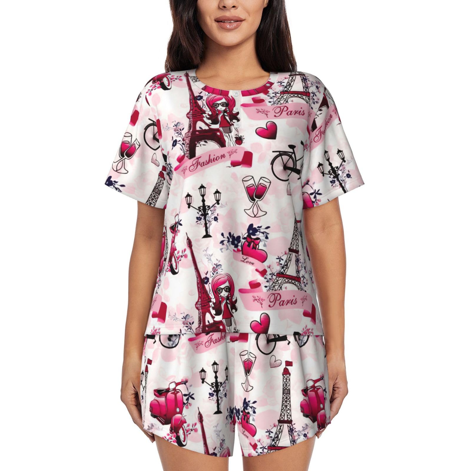 Gnbmvcc Cityscape Paris Eiffel Tower France Women Pajamas Set Summer Pajamas For Women Thin Cartoon Pijamas Printed Casual Loungewear Black