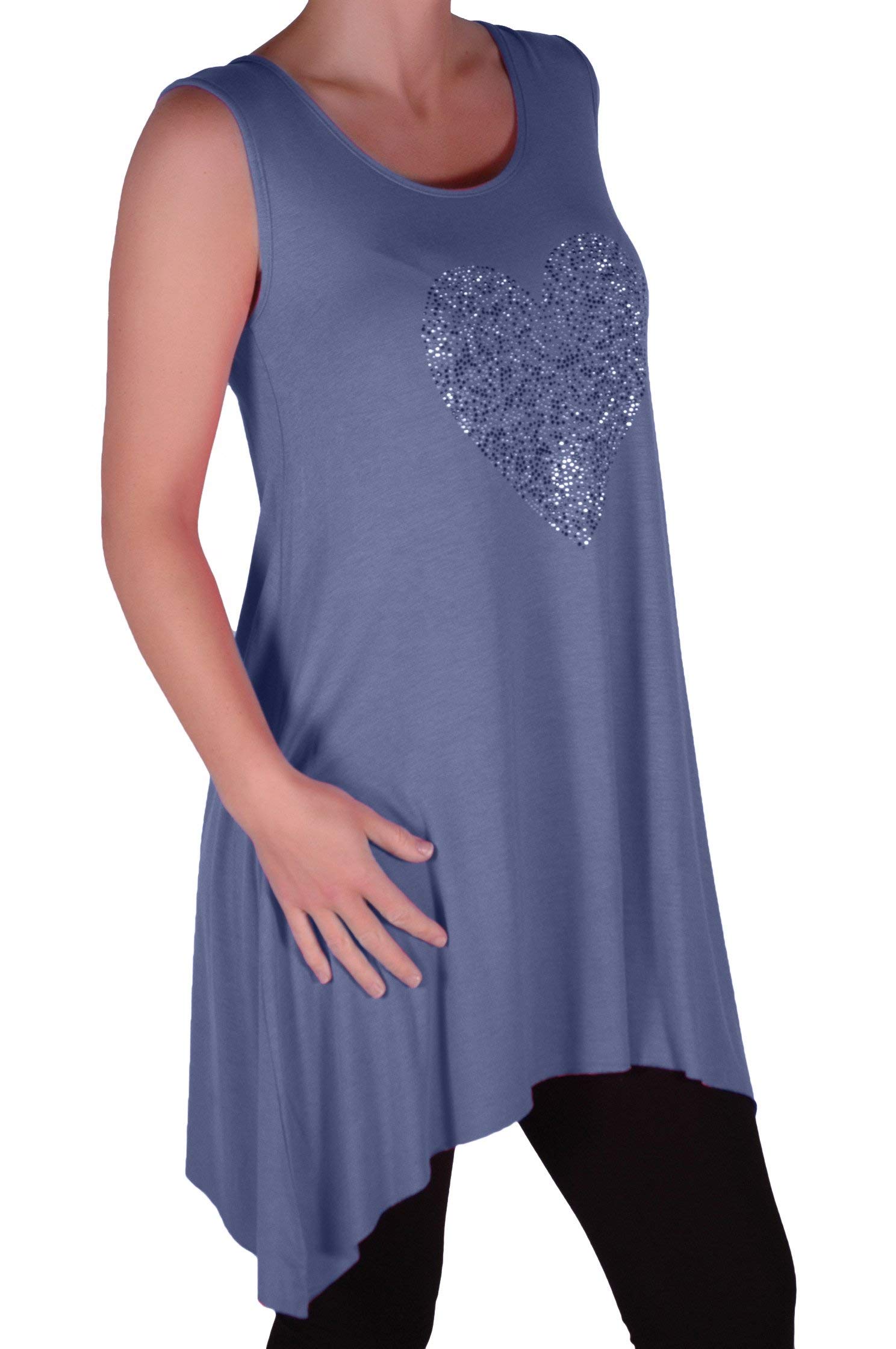 Eye Catch Plus - Ladies Heart Studded Longline Womens Vest Top Denim Blue Size 22-24