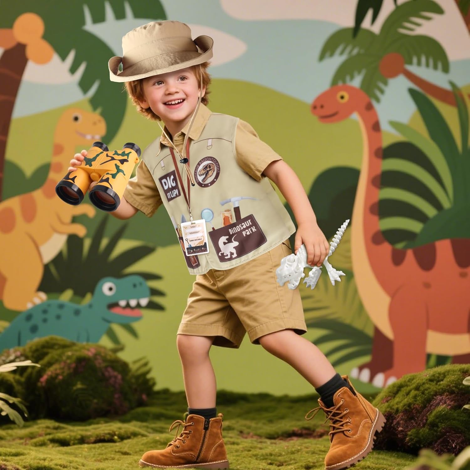 Kyson Kids Dinosaur Paleontologist Costume Explorer Hat Vest Zoo Keeper Outfit Accessories for Dino Jungle Safari Theme Party