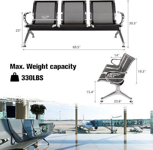 Miniatura 5 de Kinpaw Silla de recepción de aeropuerto para sala de espera, sillas de invitados con brazo, capacidad de peso de 440 libras, banco Solon, muebles de