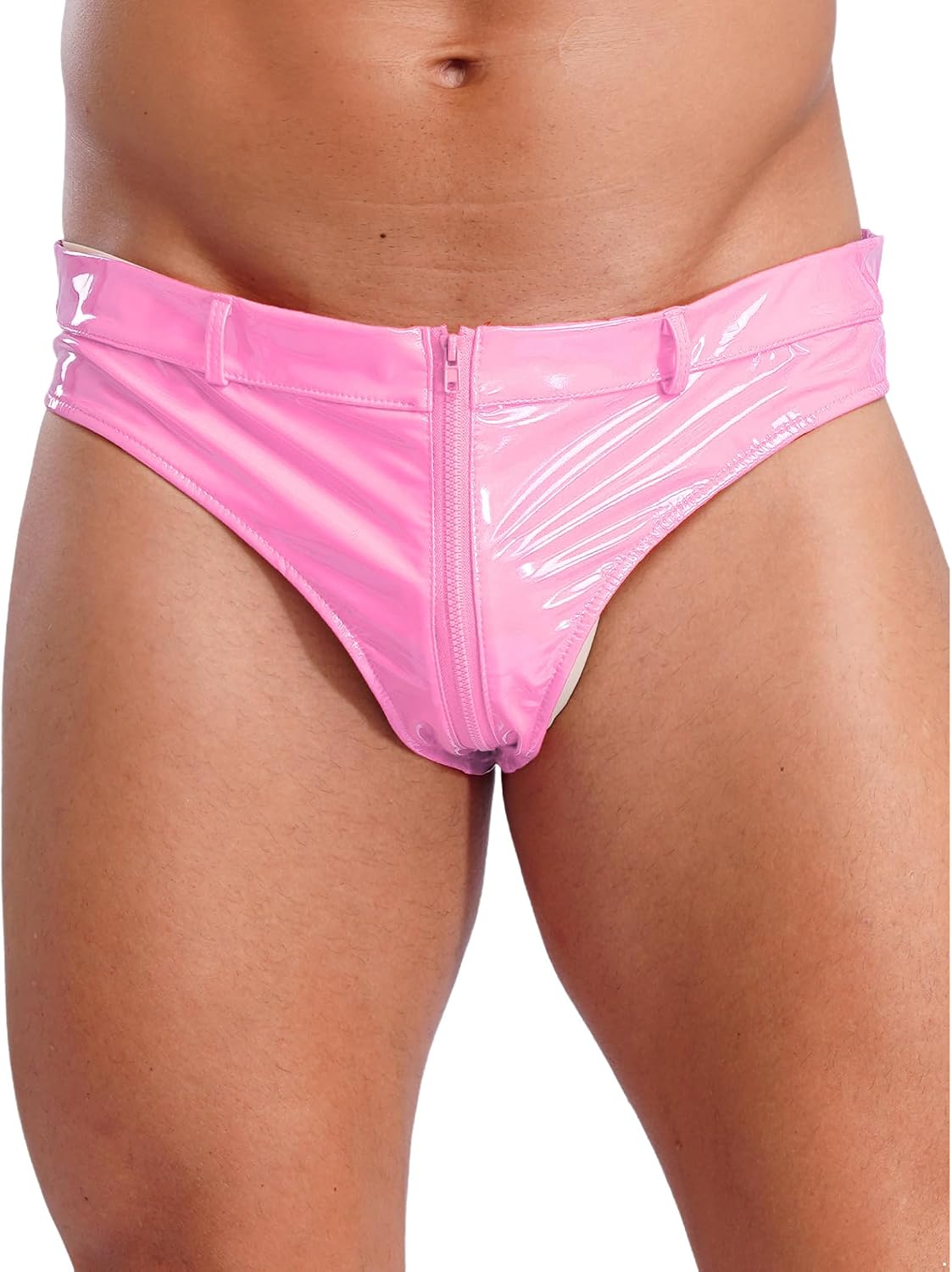 Jhaoyu Men's Latex Booty Shorts Faux Leather Low Waist Rave Bottoms Zipper Crotch Briefs Hot Pants