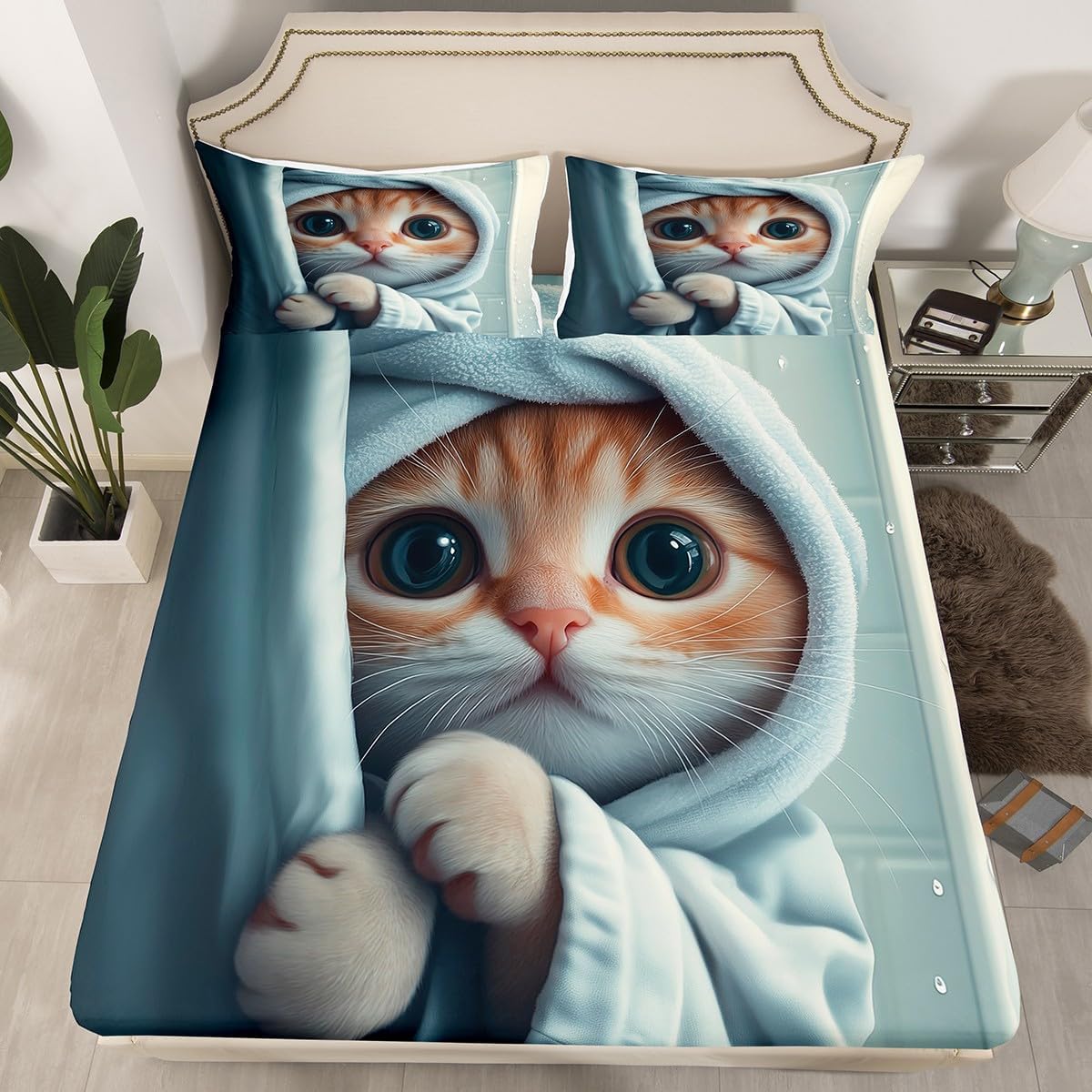 jejeloiu Funny Cat Bed Sheets Set Twin Size Kids Cute Kitten Fitted Sheet with Deep Pocket for Boys Girls Teens Animals Bedding Set Breathable Cat Lover's Gift