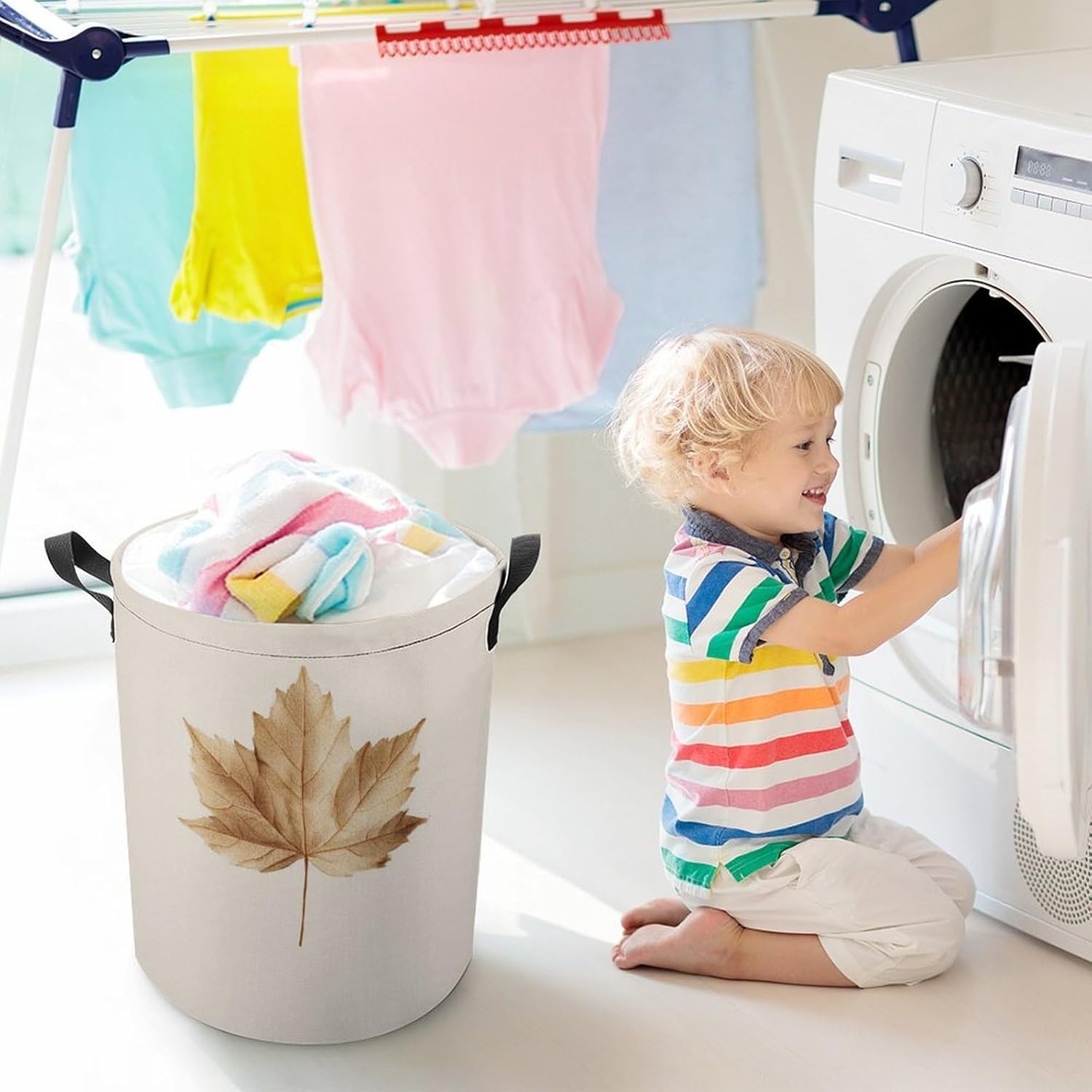 Single Dried Maple Leaf Laundry Basket Laundry Hamper Round Collapsible Drawstring Clothes Hamper for Bedroom Bathroom