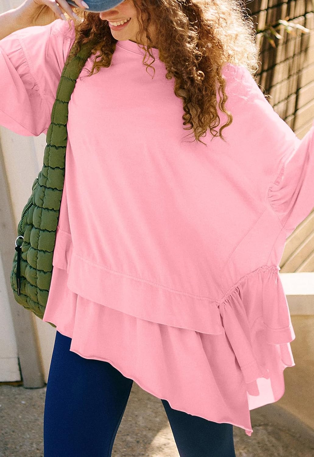 Womens Long Sleeve Oversized Tshirts Flowy Peplum Top Loose Fit Tunics Tops to Wear With Leggings Workout Babydoll Shirts M Pink - Image 5