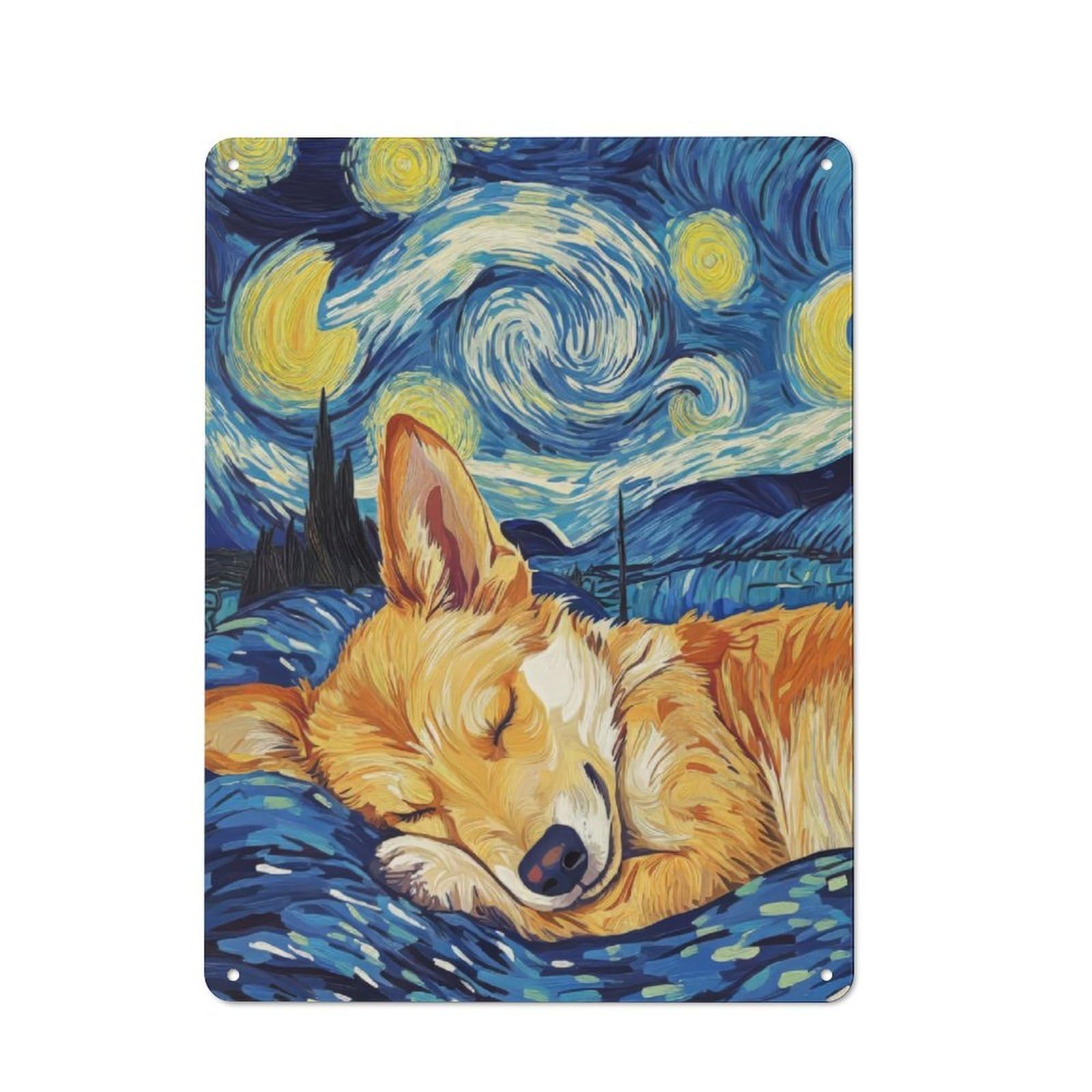 Junmoney Corgi In Starry Night Workshop Style Tin Sign 40X30cm, Workshop Wall Decor For Tool Room, Garage, Studio Or Home Bar