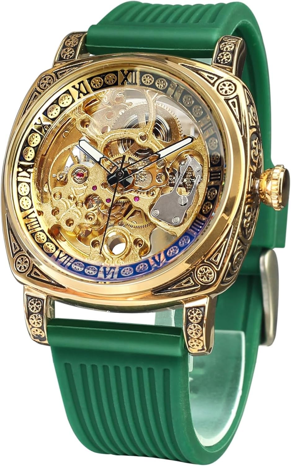 Wuufake Wrist Watch for Men Black Numeral Dial Square Stainless Steel Retro Vintage Skeleton Automatic Self-Wind Leather Strap Timepiece, Greensil