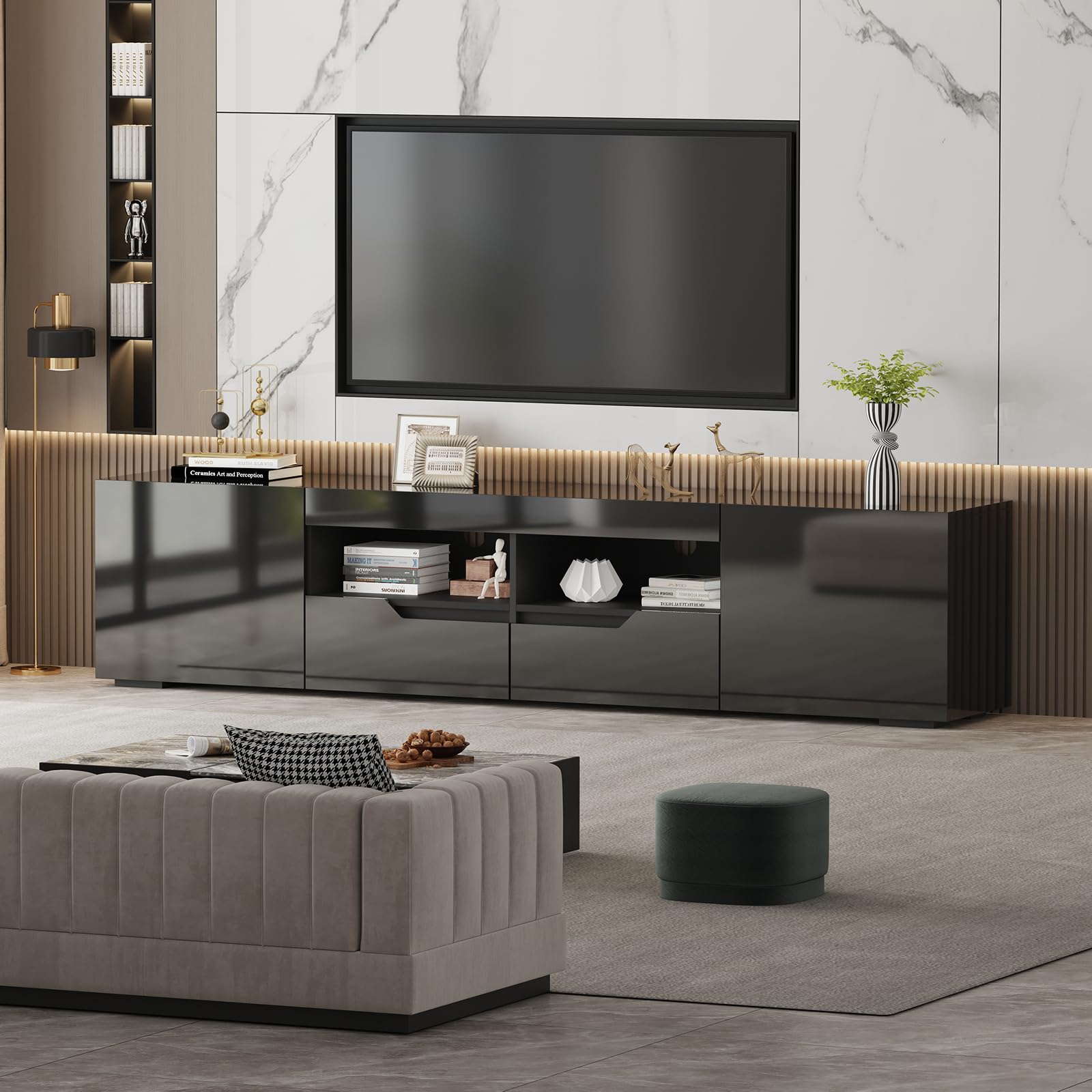 200cm TV Schrank Hochglanz mit LED-Beleuchtung, Schwarz