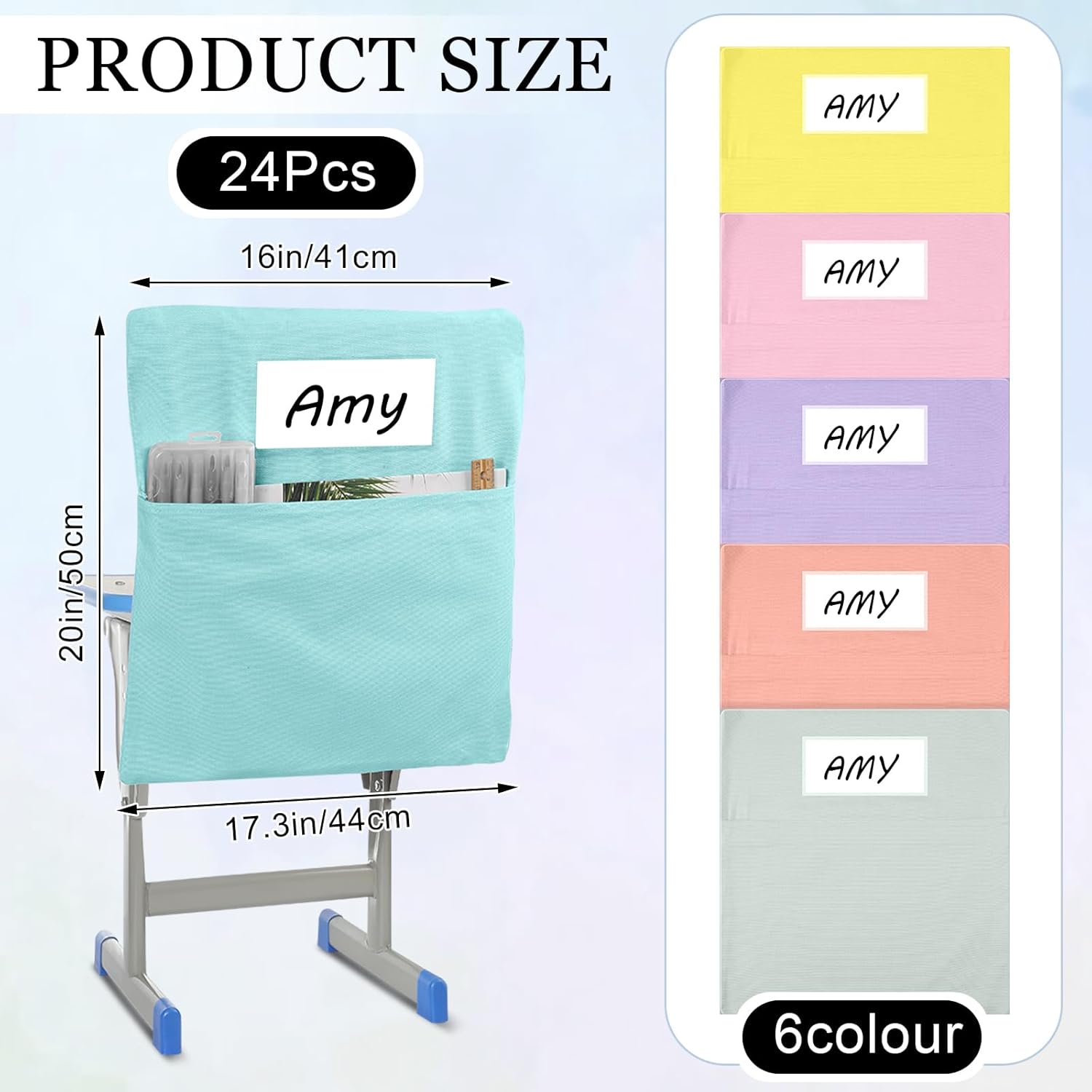 Xaatren 24 Pcs Small Chair Pockets for Classroom 14 Inch School Chairs Bag Chairback Buddy Seat Pocket Student Classroom Organizer with Name Tag for Primary School Chair up to 14'' Wide(Pastel Color)