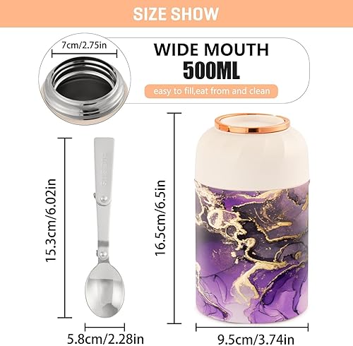 Miniatura 3 de Tarro de comida de mármol dorado morado con cuchara de acero inoxidable aislado al vacío, termo de 17 onzas para adultos