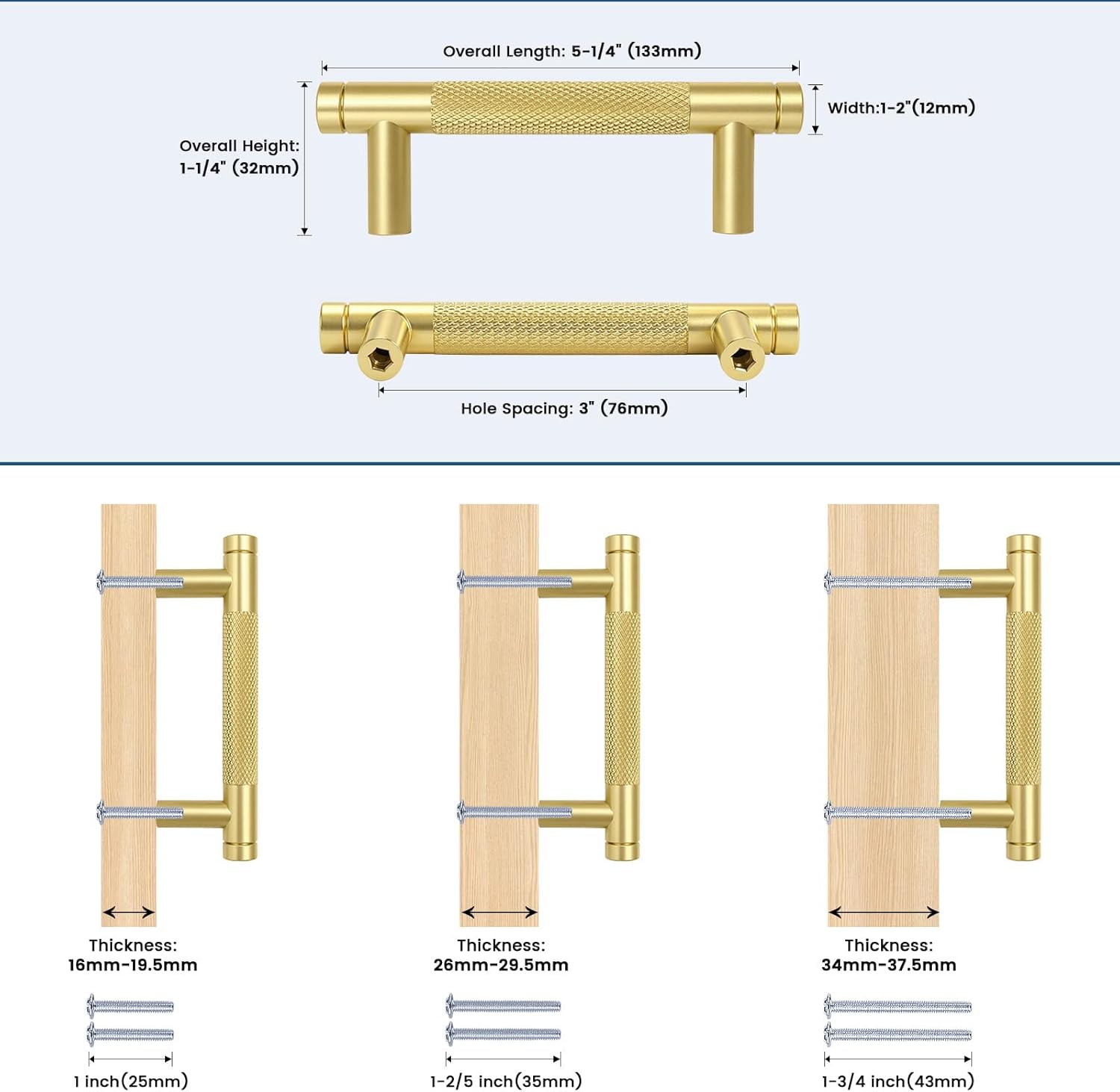 Knobonly 30 Pack Kitchen Cabinet Pulls - Knurled Gold Cabinet Handles - 5 Inch Hole Center Gold Handles for Cabinets, Oxidation Finish Aluminum Alloy
