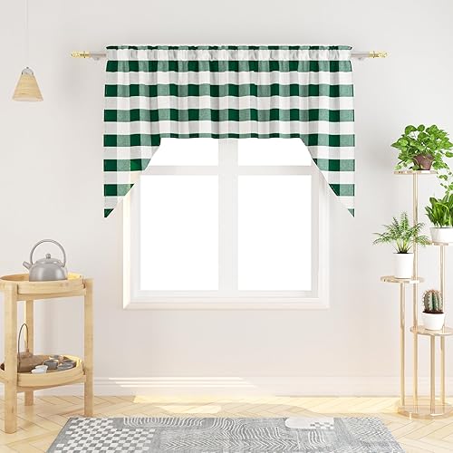 Miniatura 15 de Cortina ajustable con cenefa para ventana de cocina Buffalo Check, a cuadros, gingham, estilo granja, con bolsillo para barra, para baño, 42 x 45