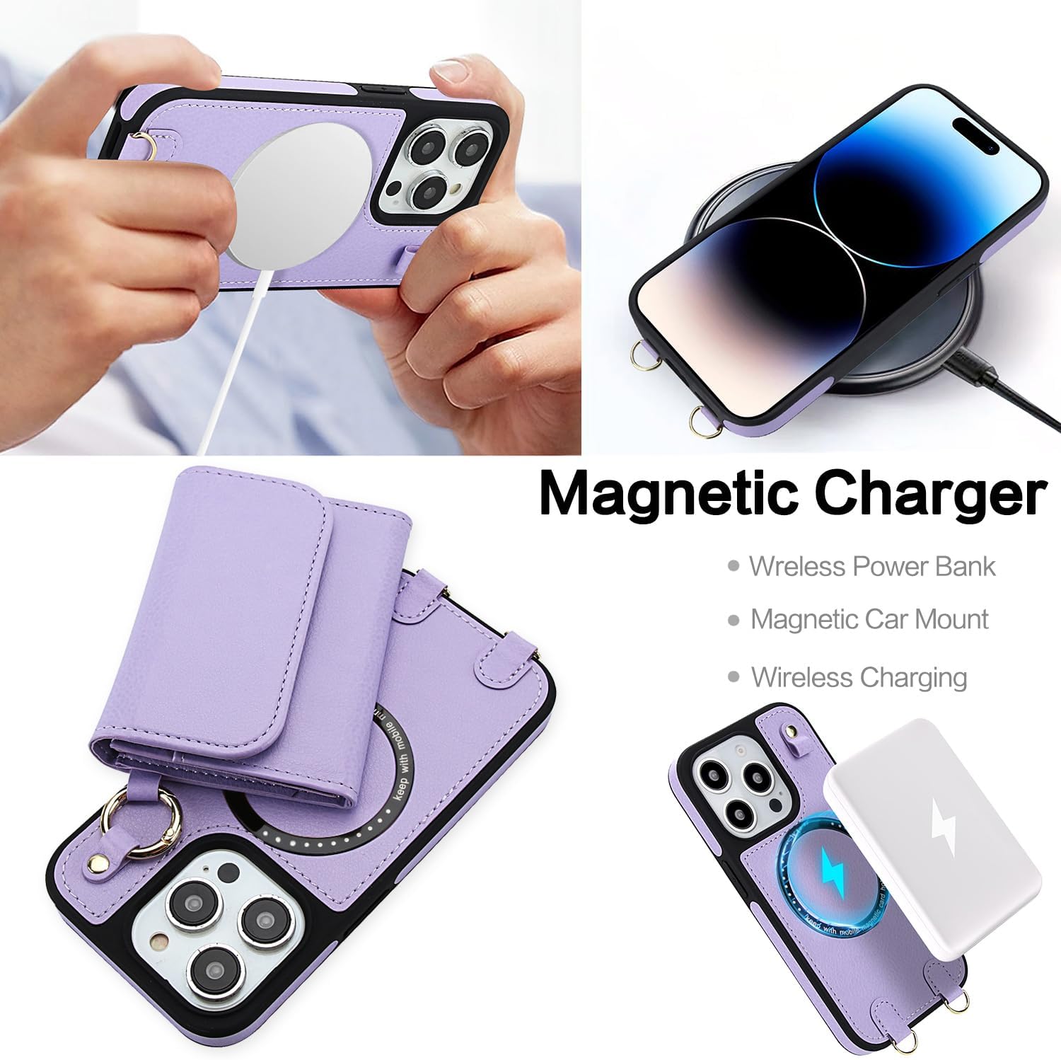 Asuwish Phone Case for iPhone 14 Pro 6.1 inch Wallet Detachable Cover Screen Protector Compatible with MagSafe Crossbody Lanyard Strap RFID Blocking Flip iPhone14Pro i-Phone i14 iPhone14 Women Purple